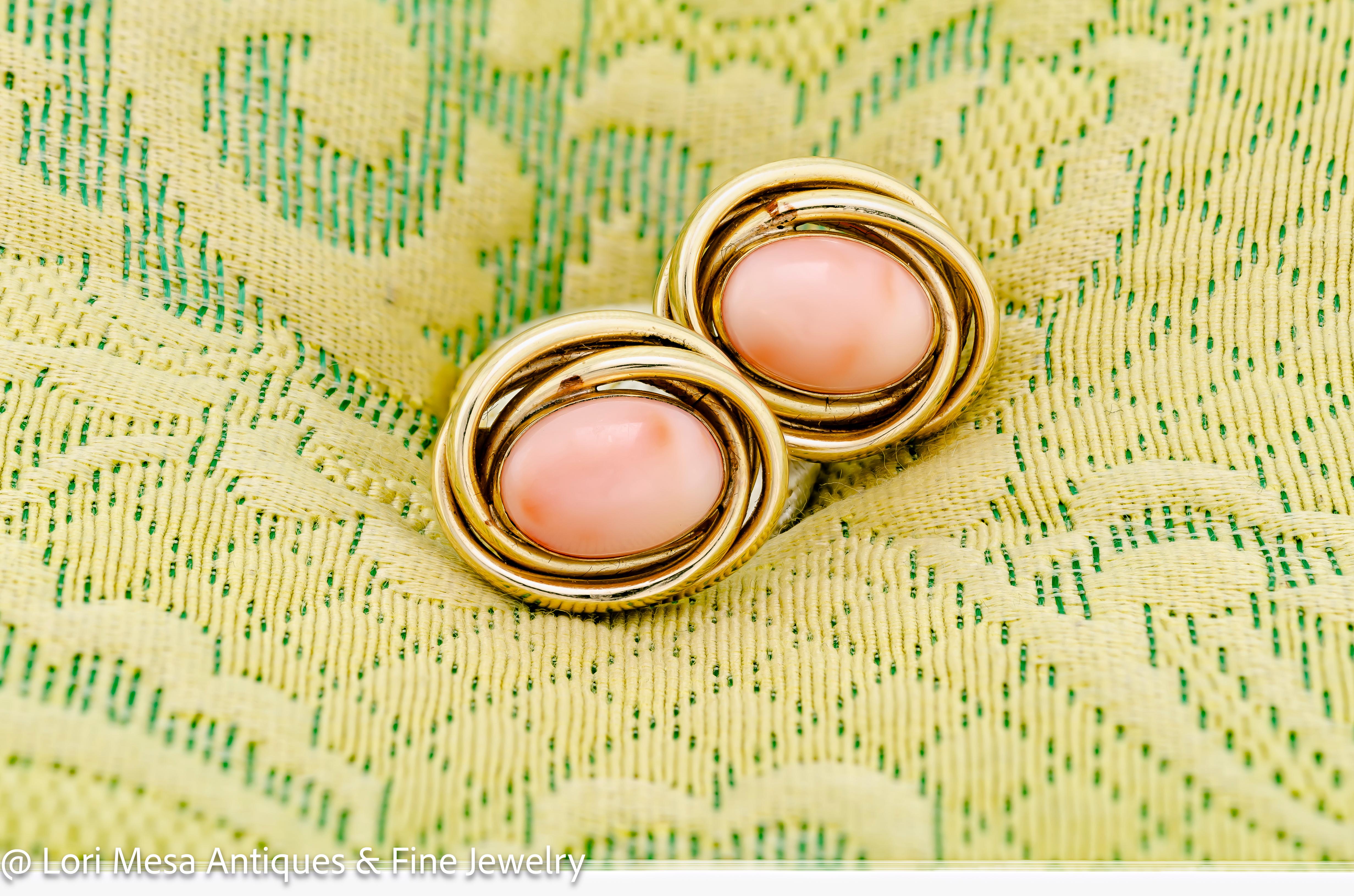 Women's or Men's Vintage 1960s Coral and 14KT Yellow Gold Earrings For Sale