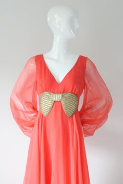 Vintage 1960 Coral Vestido de gasa Maxi Vestido Manga globo Lazo de cuentas UK 10 US 6