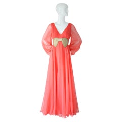 Vintage 1960's Coral Chiffon Dress Maxi Dress Balloon Sleeve Bead Bow UK 10 US 6