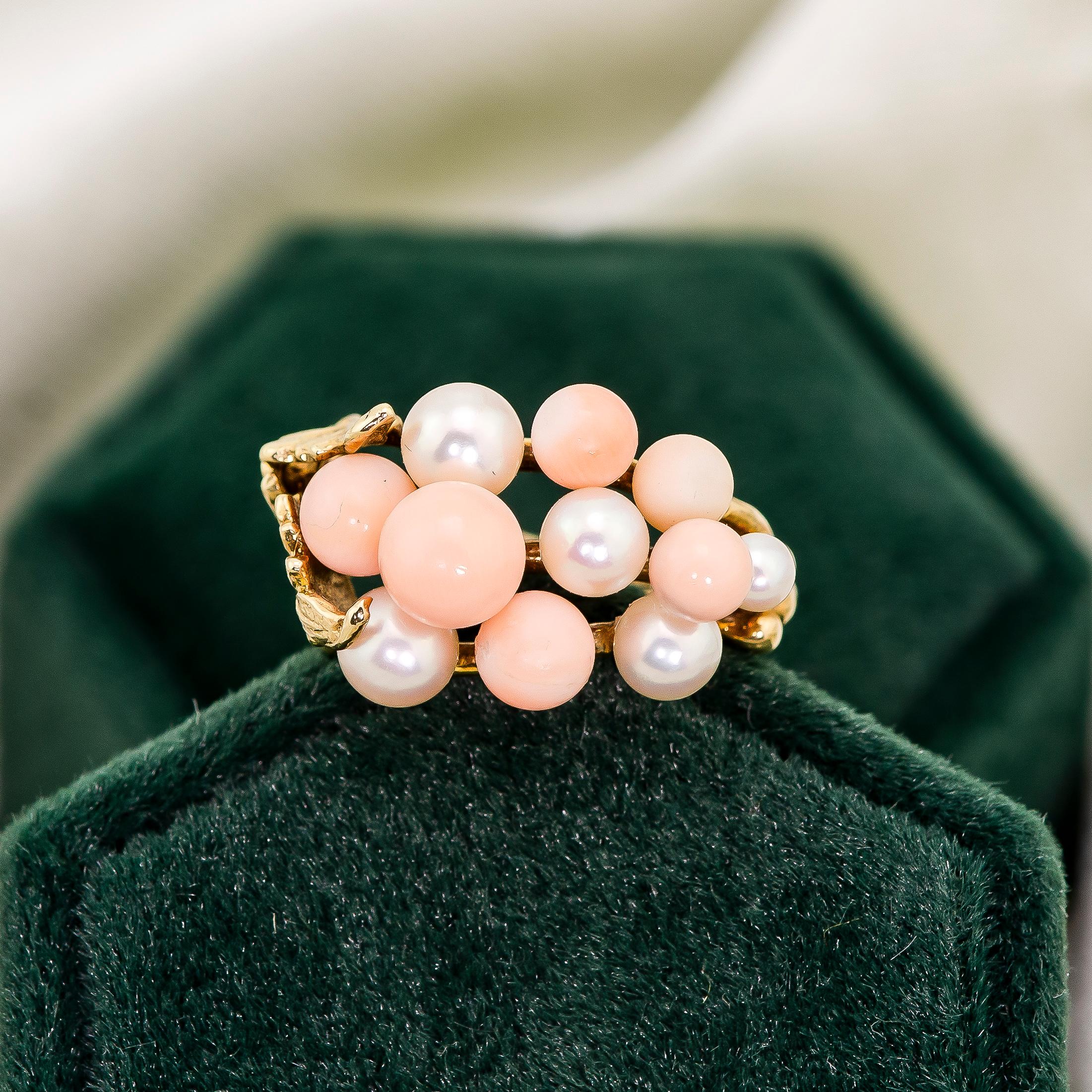Women's Vintage 1960s Coral Cultured Pearl and Yellow Gold Ring For Sale