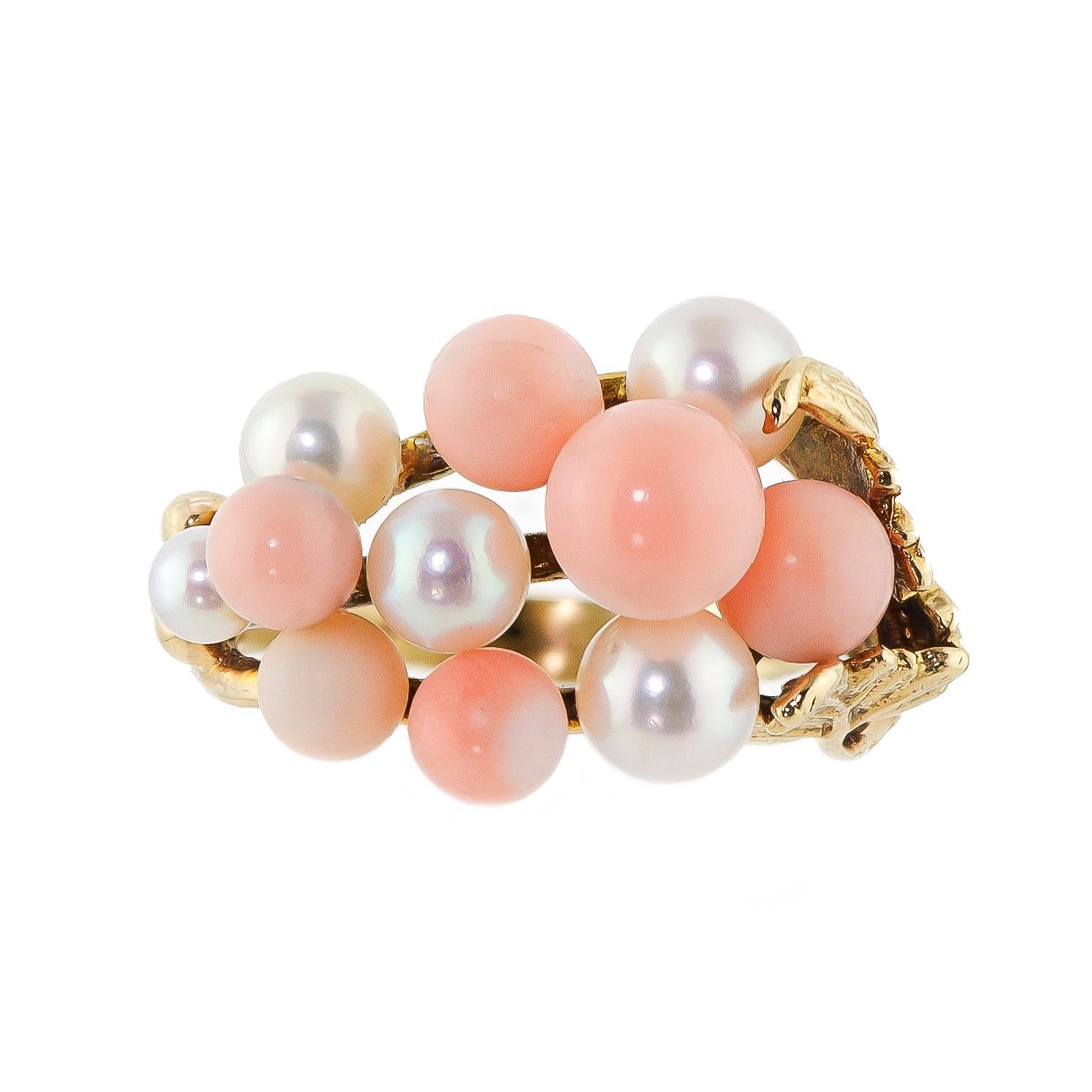 Vintage 1960s Coral Cultured Pearl and Yellow Gold Ring For Sale