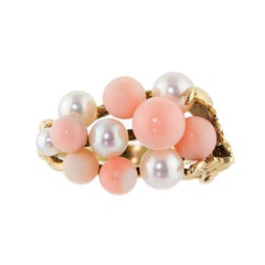 Vintage 1960s Coral Cultured Pearl and Yellow Gold Ring