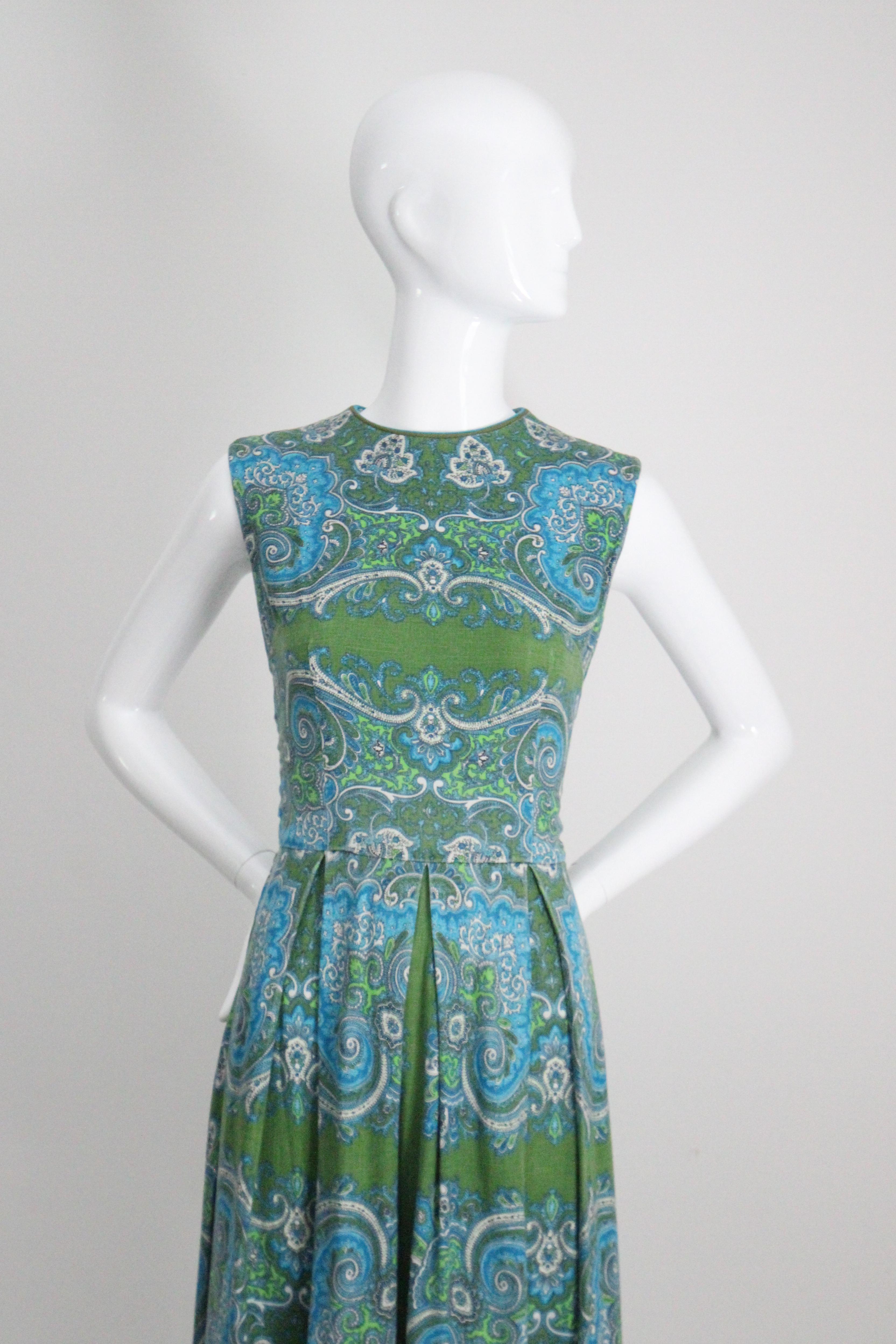 Gray Vintage 1960's cotton paisley dress aqua coloured day dress box pleat UK 10 US 6 For Sale