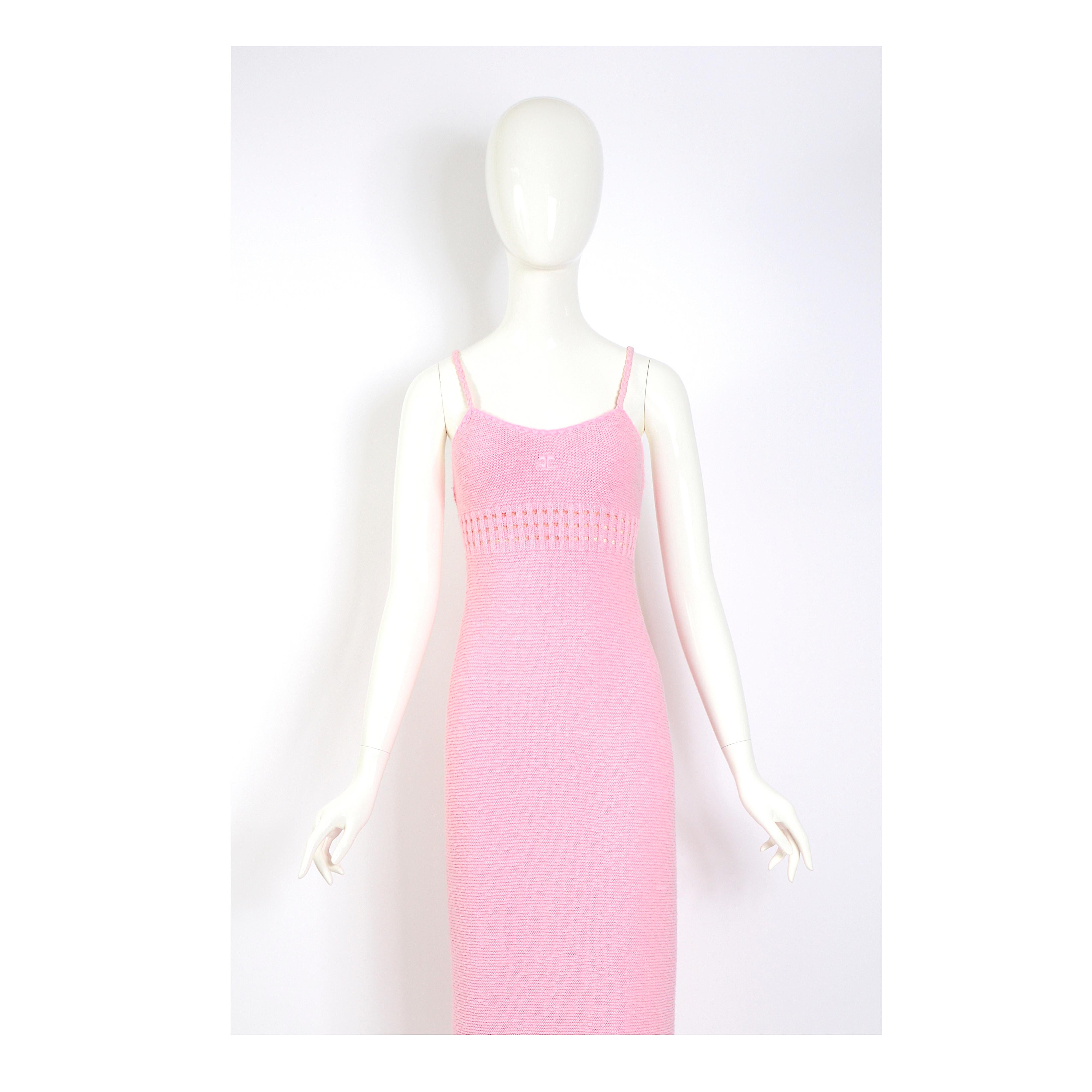 Vintage 1960s Courrèges pink cotton knit maxi slip dress  6