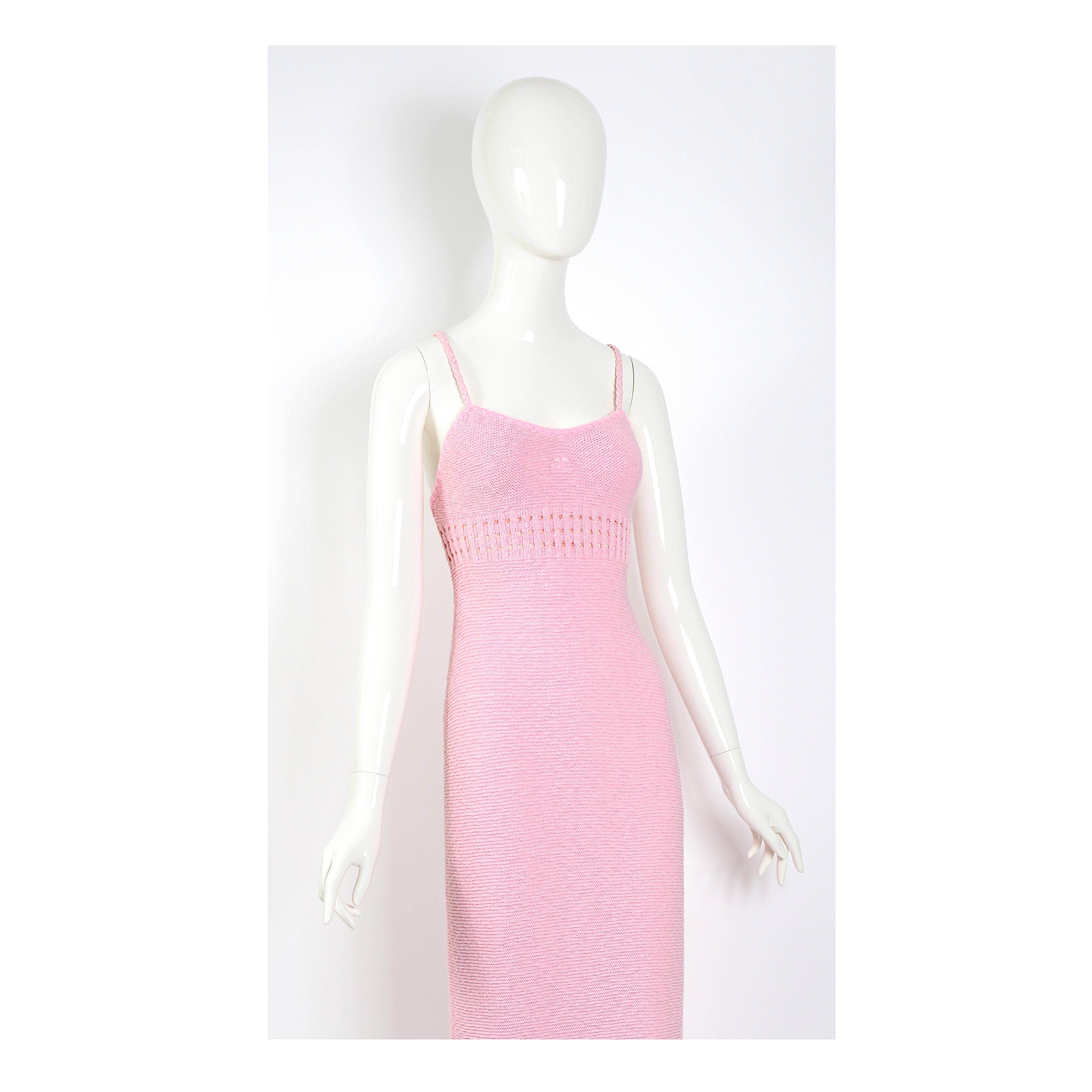 This dress is everything you would expect from a 1960s Courrèges.
Adorable, pink, cotton knit Courrèges long/maxi dress.
Courrèges size O 
Pictured on a doll with perfect size 36.
The dress would work for various sizes, please use the