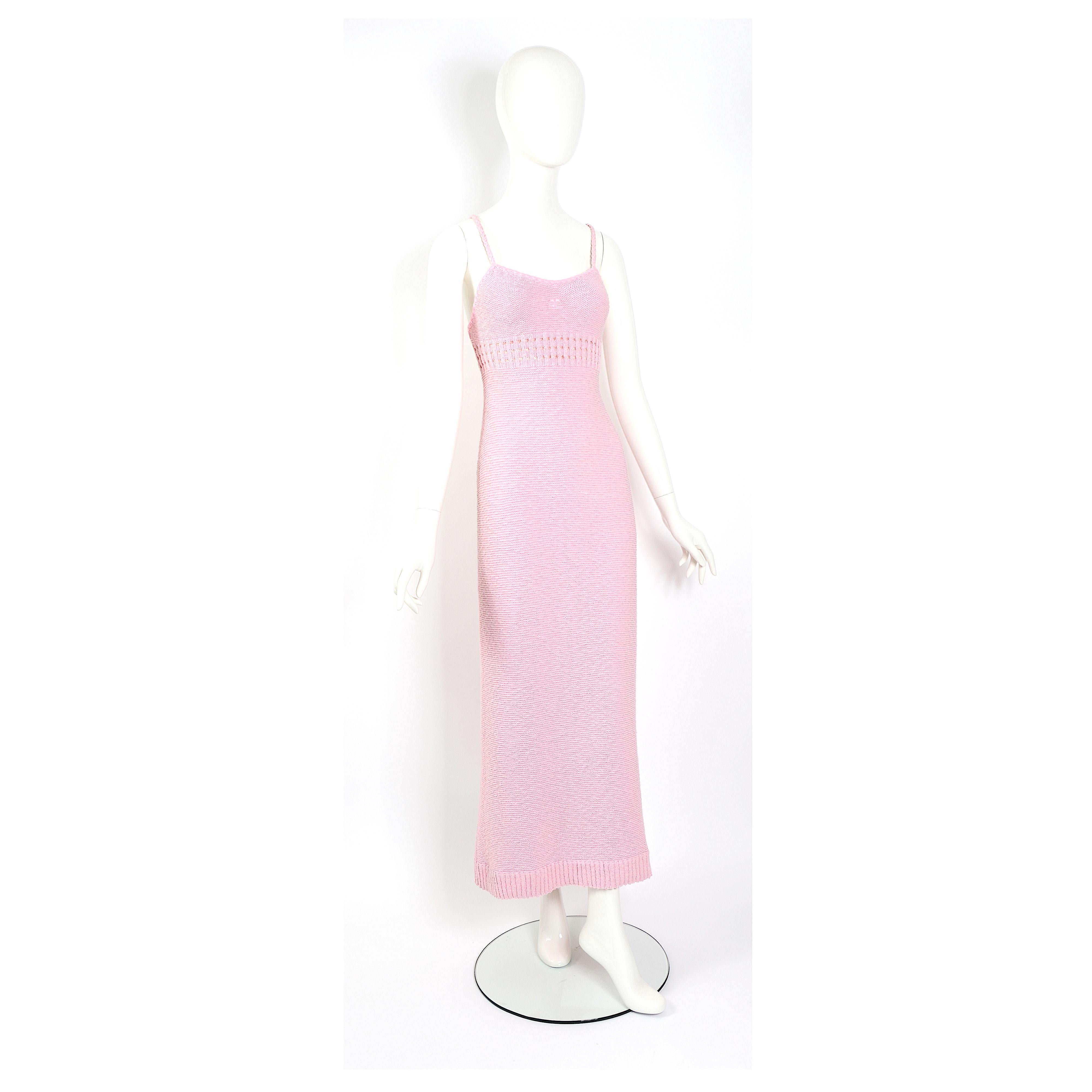 Vintage 1960s Courrèges pink cotton knit maxi slip dress  In Excellent Condition In Antwerp, BE