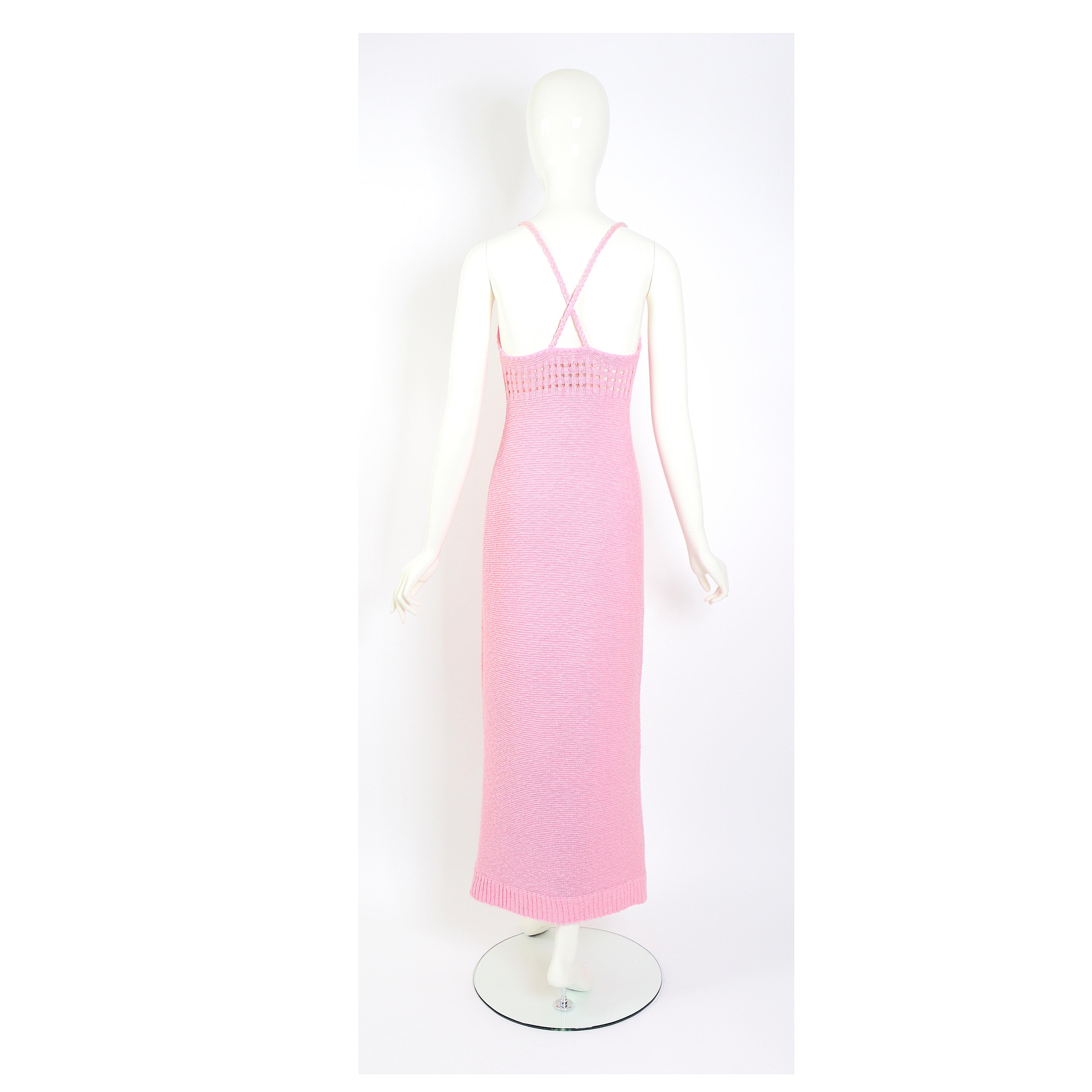 Vintage 1960s Courrèges pink cotton knit maxi slip dress  2