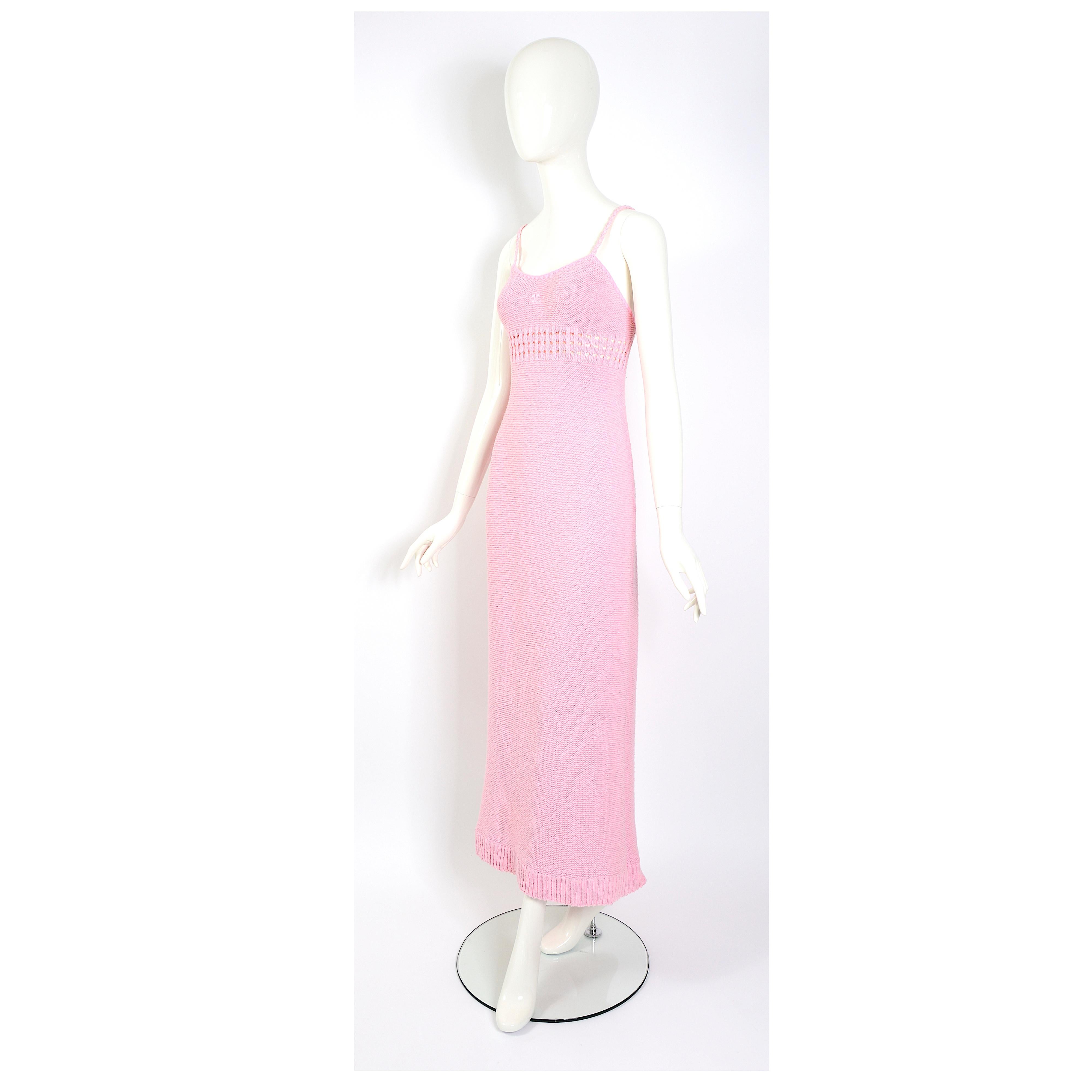 Vintage 1960s Courrèges pink cotton knit maxi slip dress  4