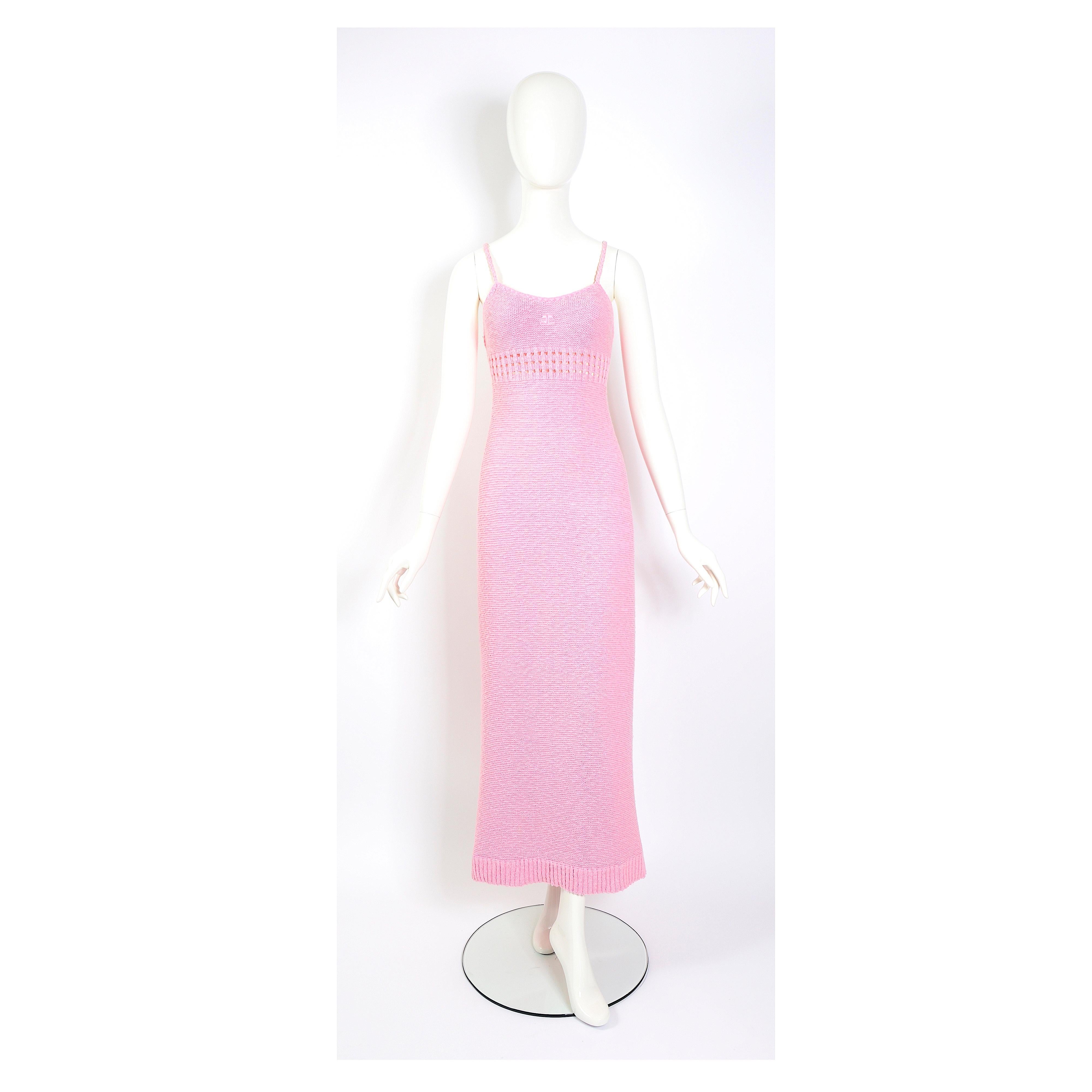 Vintage 1960s Courrèges pink cotton knit maxi slip dress  5