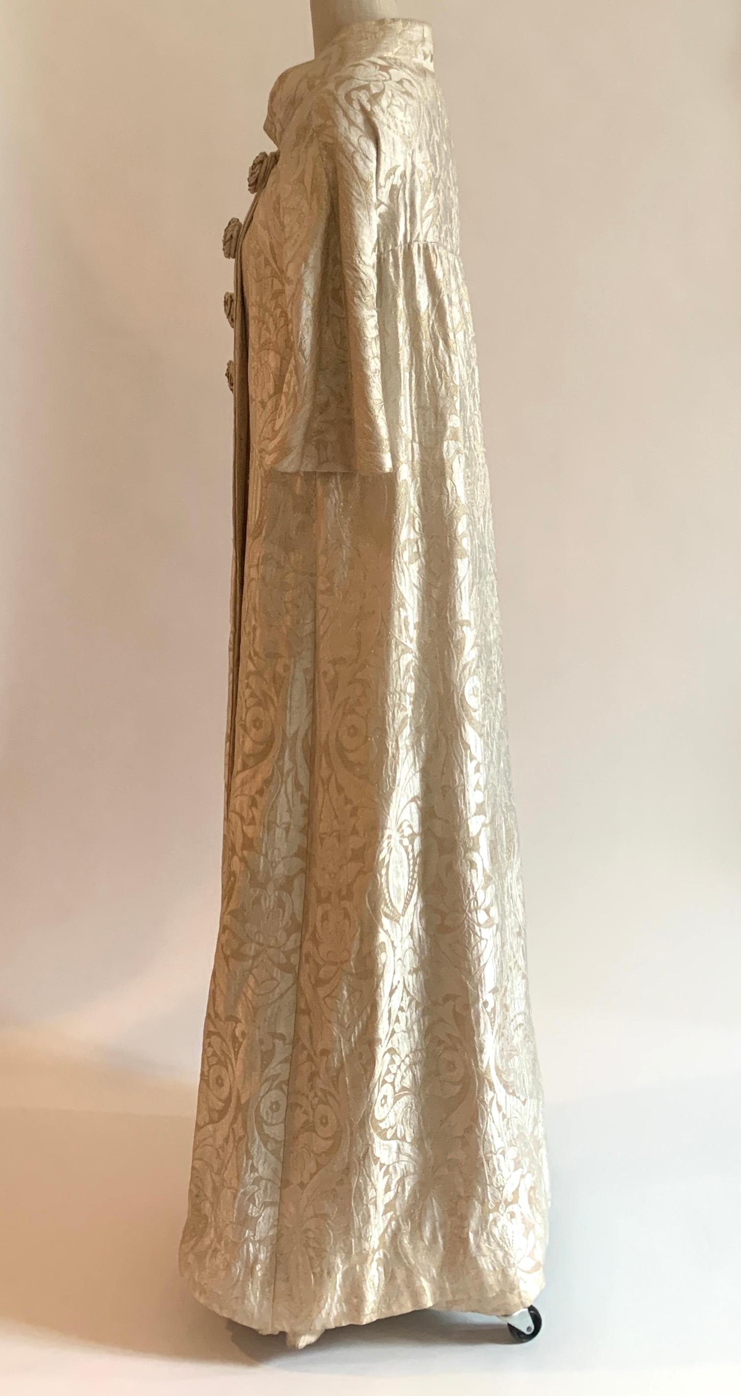 Brown Vintage 1960s Cream and Gold Brocade Coat and Gown Set with Beaded Detail For Sale