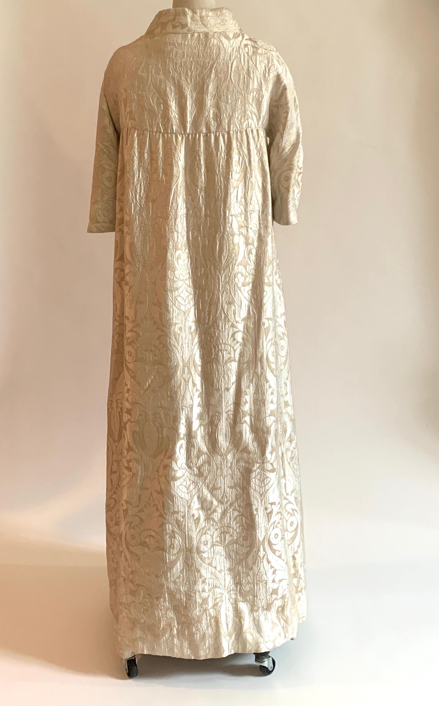 Vintage 1960s Cream and Gold Brocade Coat and Gown Set with Beaded Detail In Good Condition For Sale In San Francisco, CA
