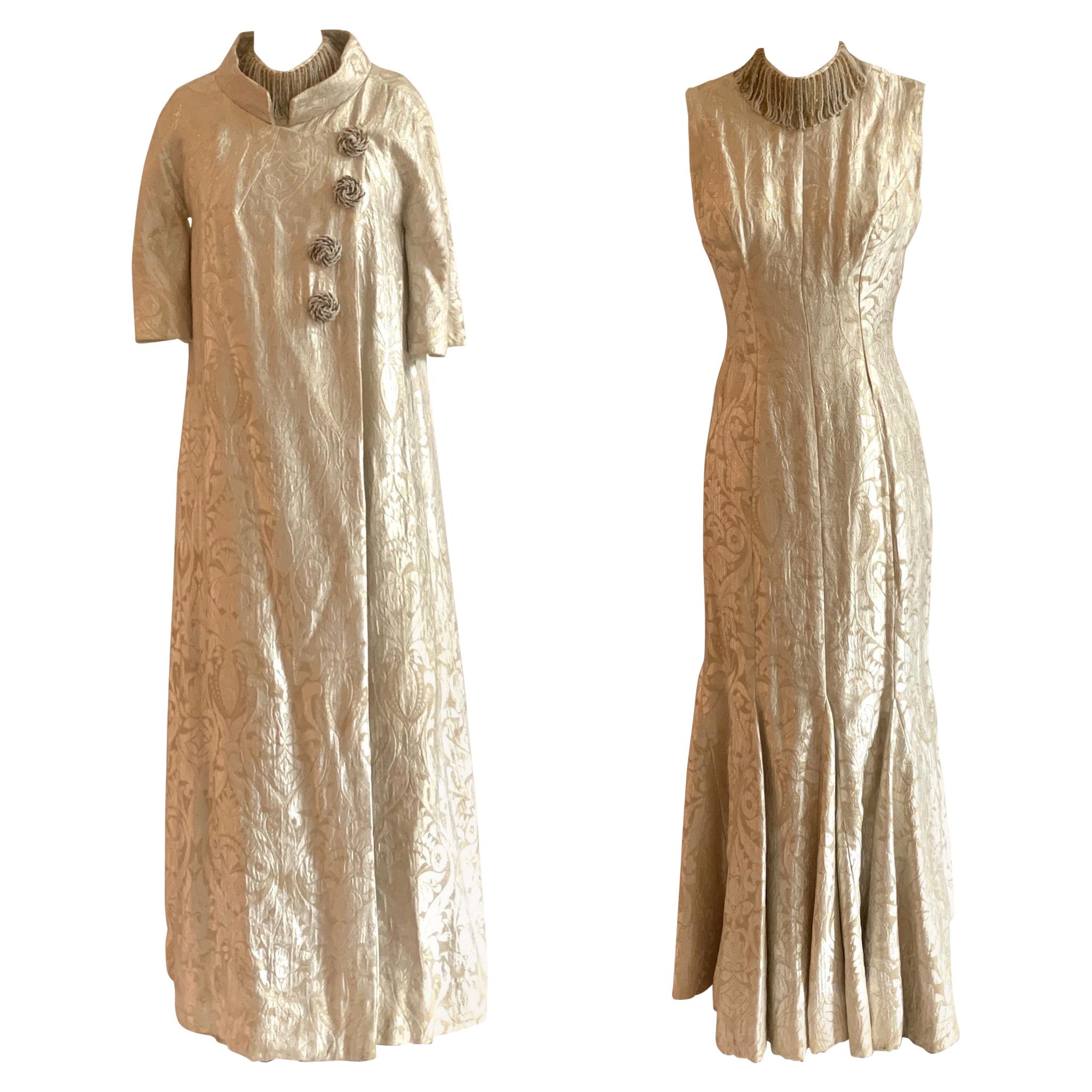 Vintage 1960s Cream and Gold Brocade Coat and Gown Set with Beaded Detail