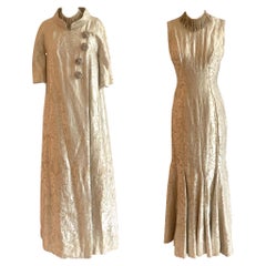 Retro 1960s Cream and Gold Brocade Coat and Gown Set with Beaded Detail