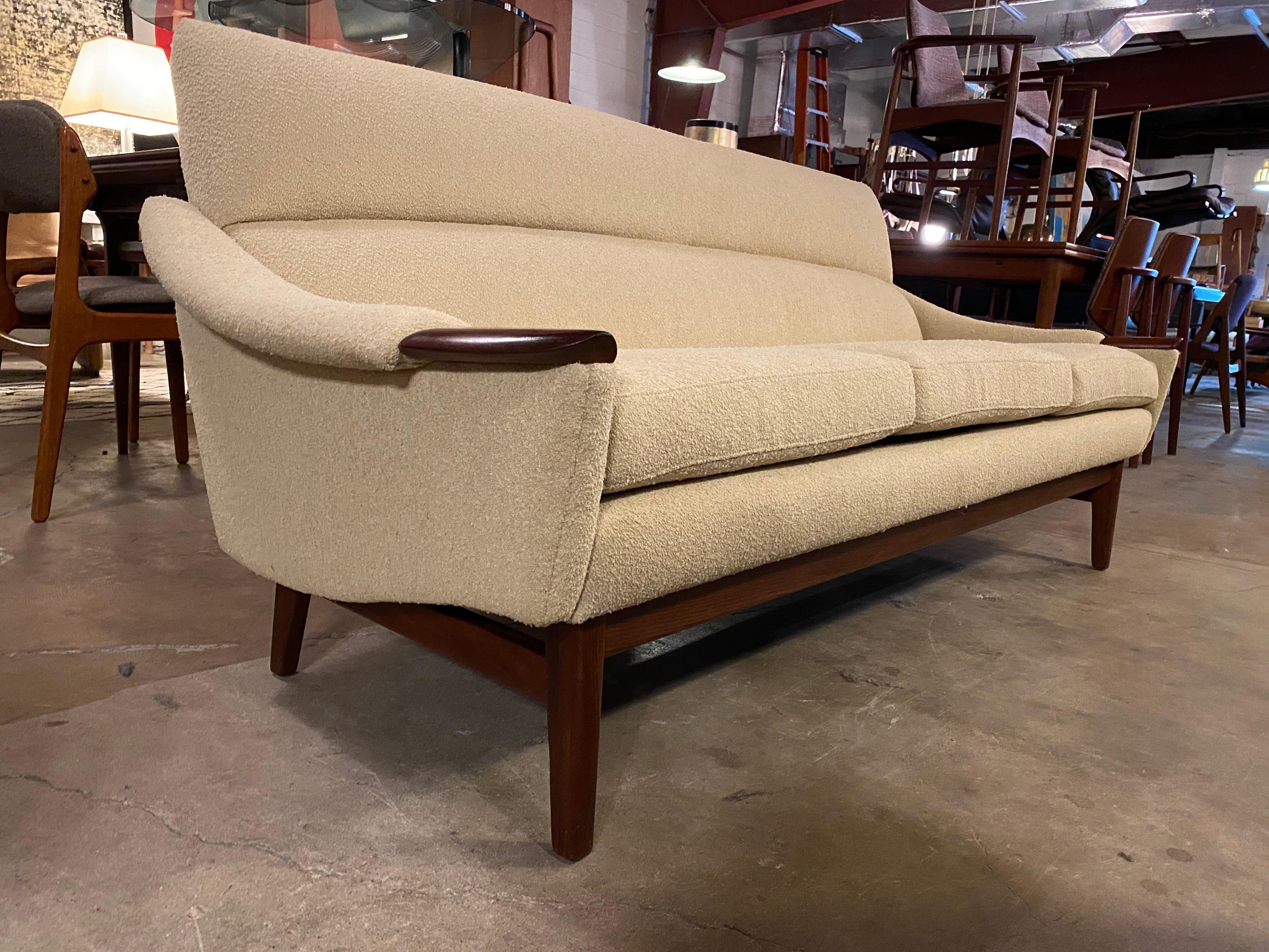 Mid-20th Century Vintage 1960s Cream Boucle Walnut Sofa by R. Huber & Co.