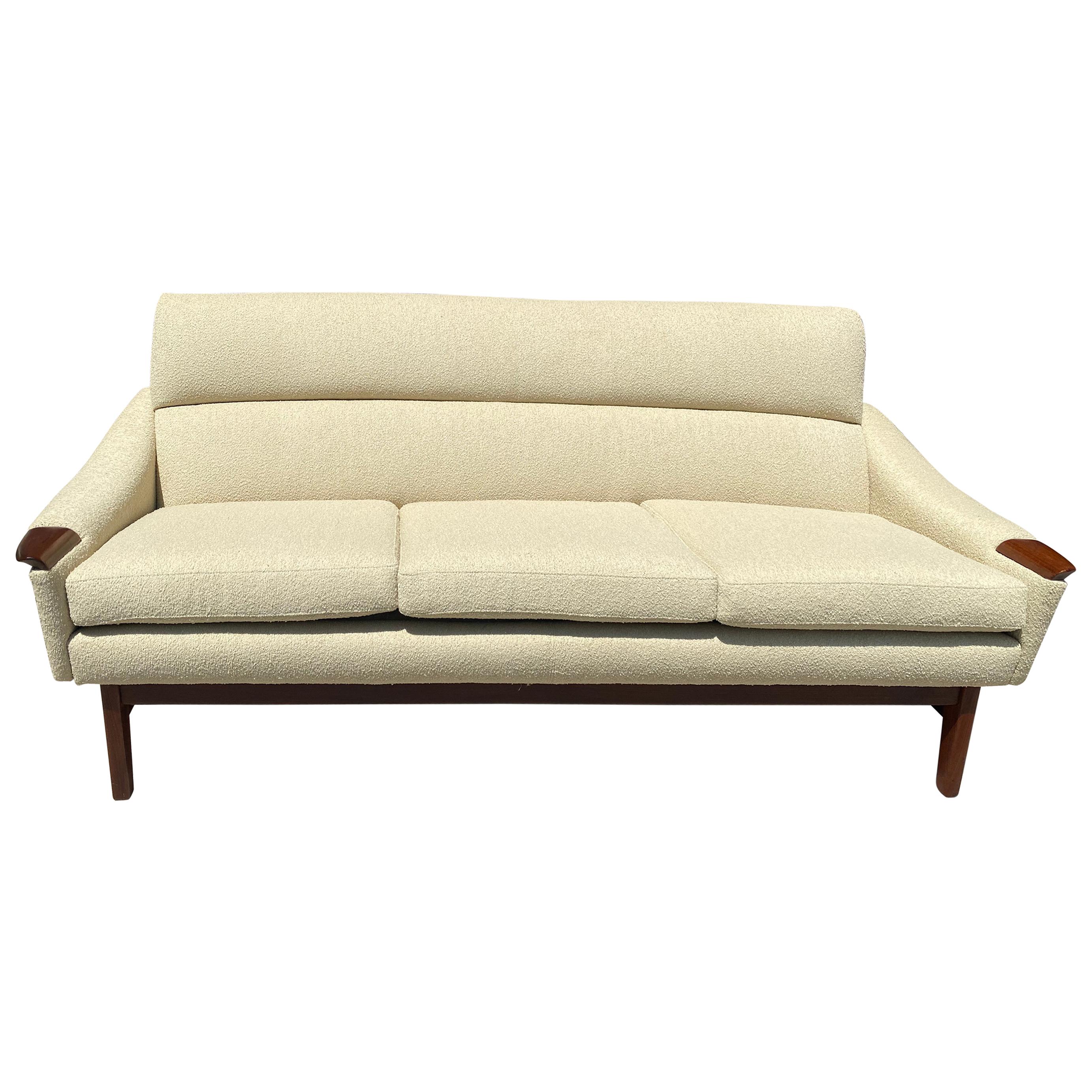 Vintage 1960s Cream Boucle Walnut Sofa by R. Huber & Co.