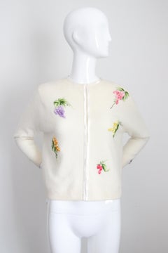 Vintage 1960's Cream Embroidered Grapevine Cardigan Sweater UK 12-14 US 8-10