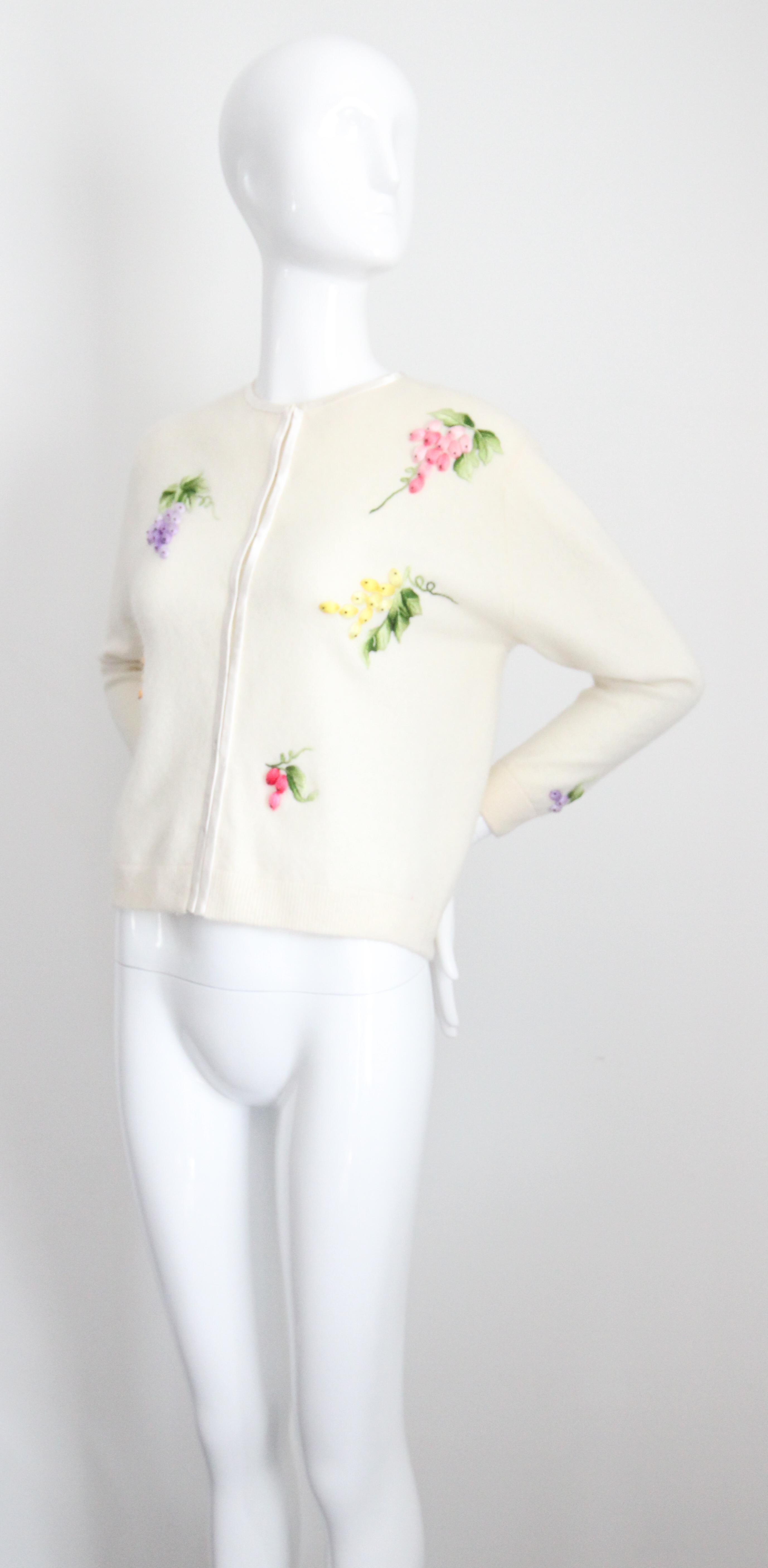 Vintage 1960's Cream Embroidered Grapevine Cardigan Sweater UK 12-14 US 8-10 2