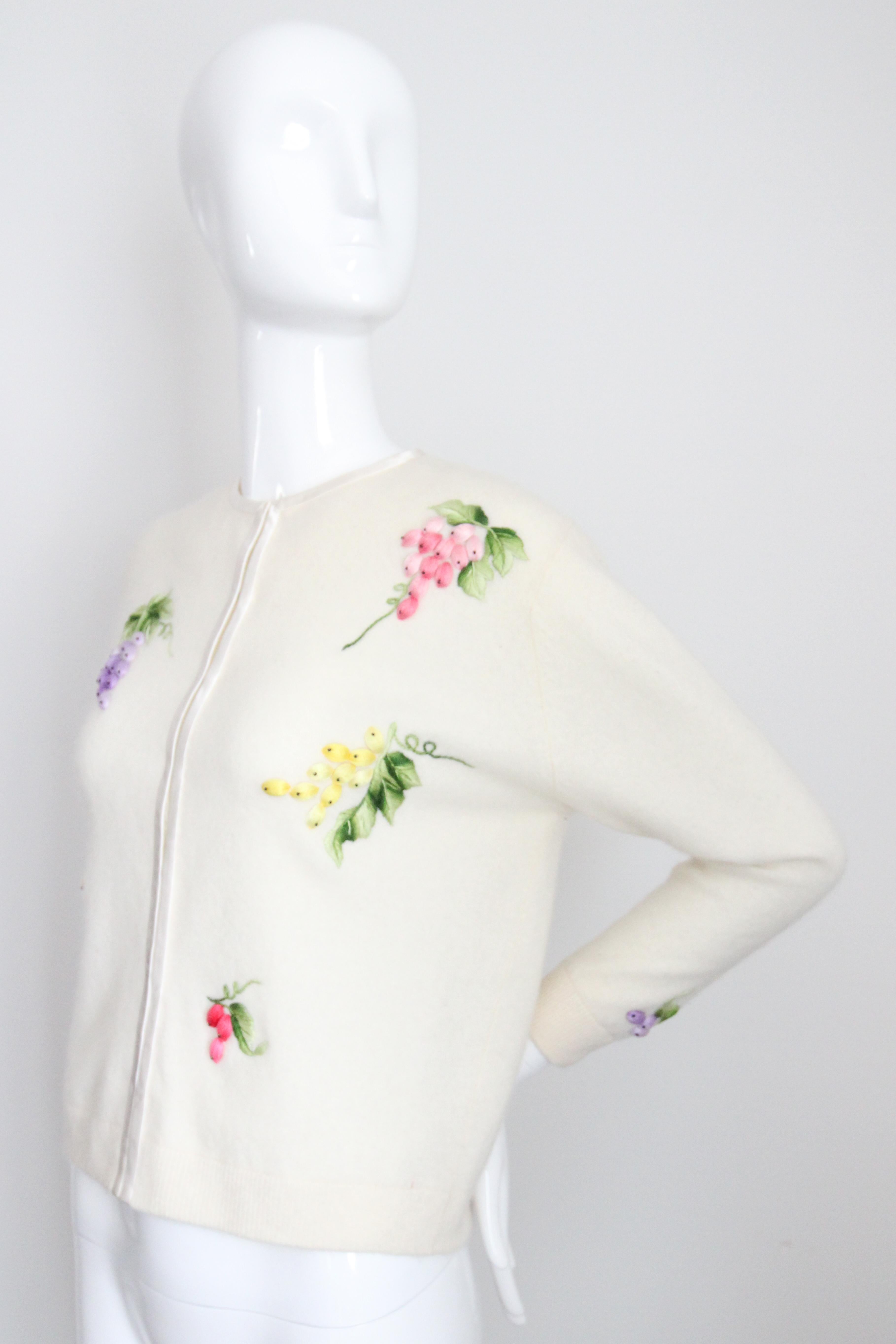 Vintage 1960's Cream Embroidered Grapevine Cardigan Sweater UK 12-14 US 8-10 3