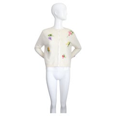 Vintage 1960's Cream Embroidered Grapevine Cardigan Sweater UK 12-14 US 8-10
