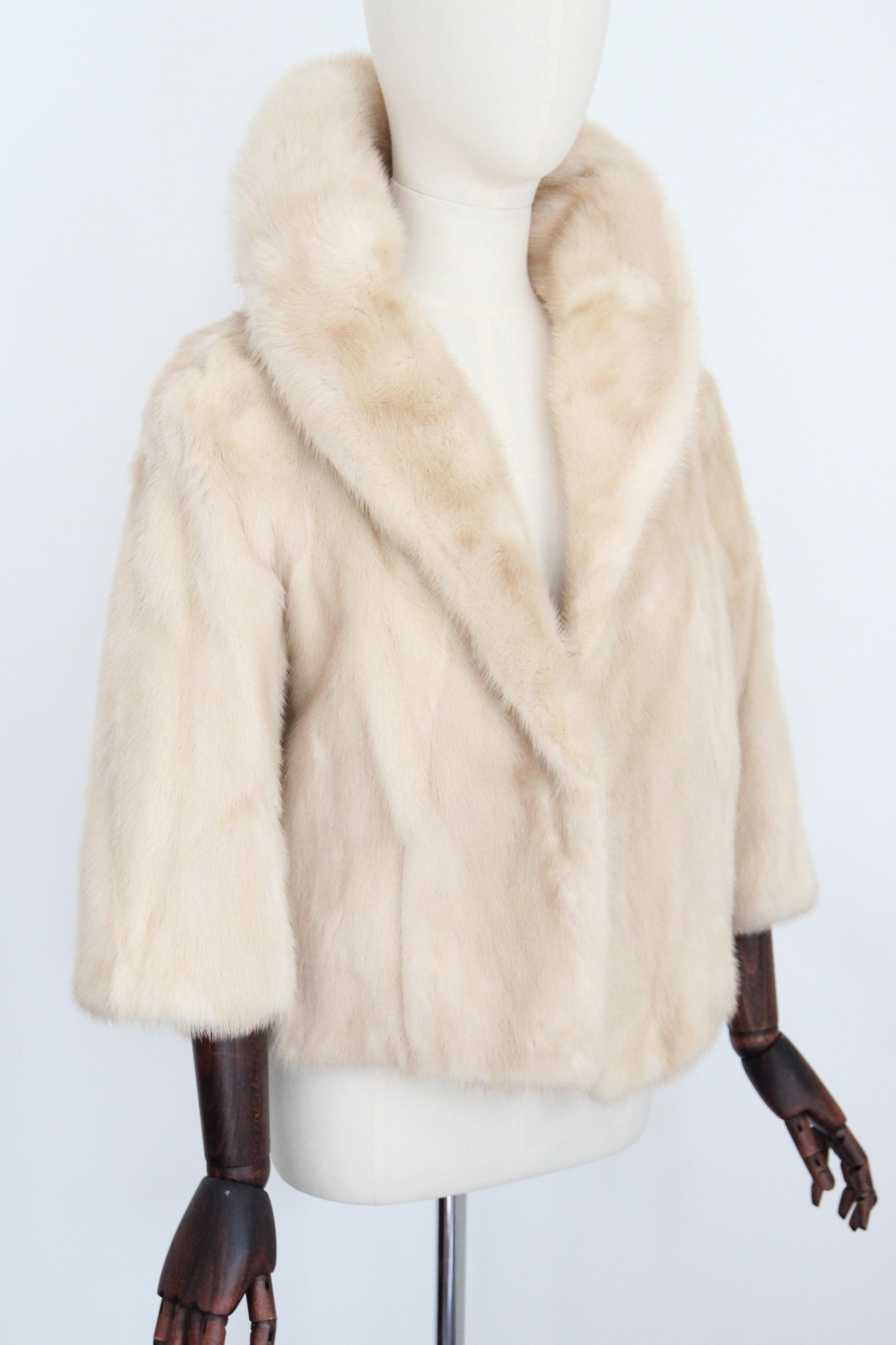 White Vintage 1960's Cream Mink Fur Jacket Bracelet Length Sleeve Fur Coat UK 8-10