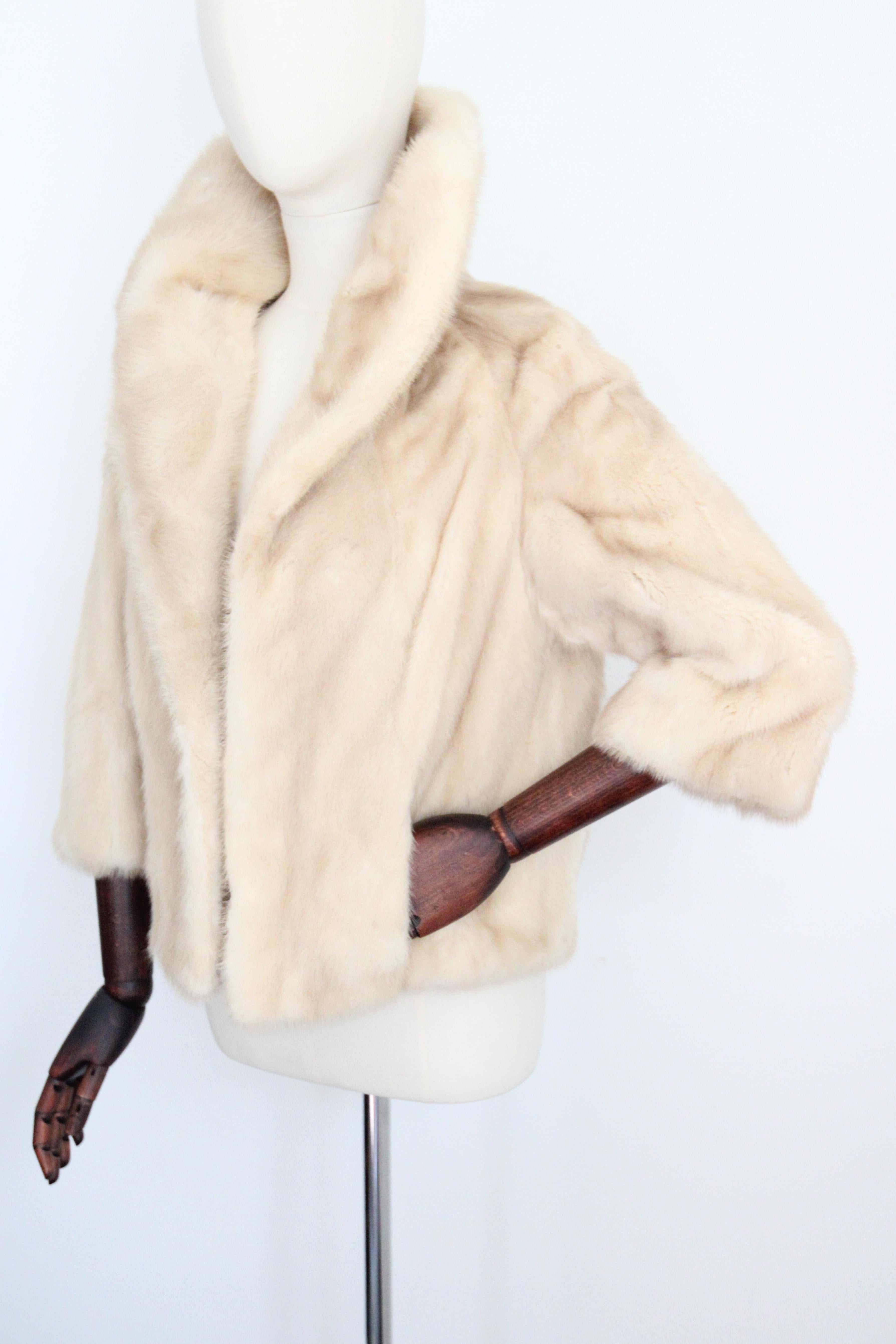 Women's Vintage 1960's Cream Mink Fur Jacket Bracelet Length Sleeve Fur Coat UK 8-10