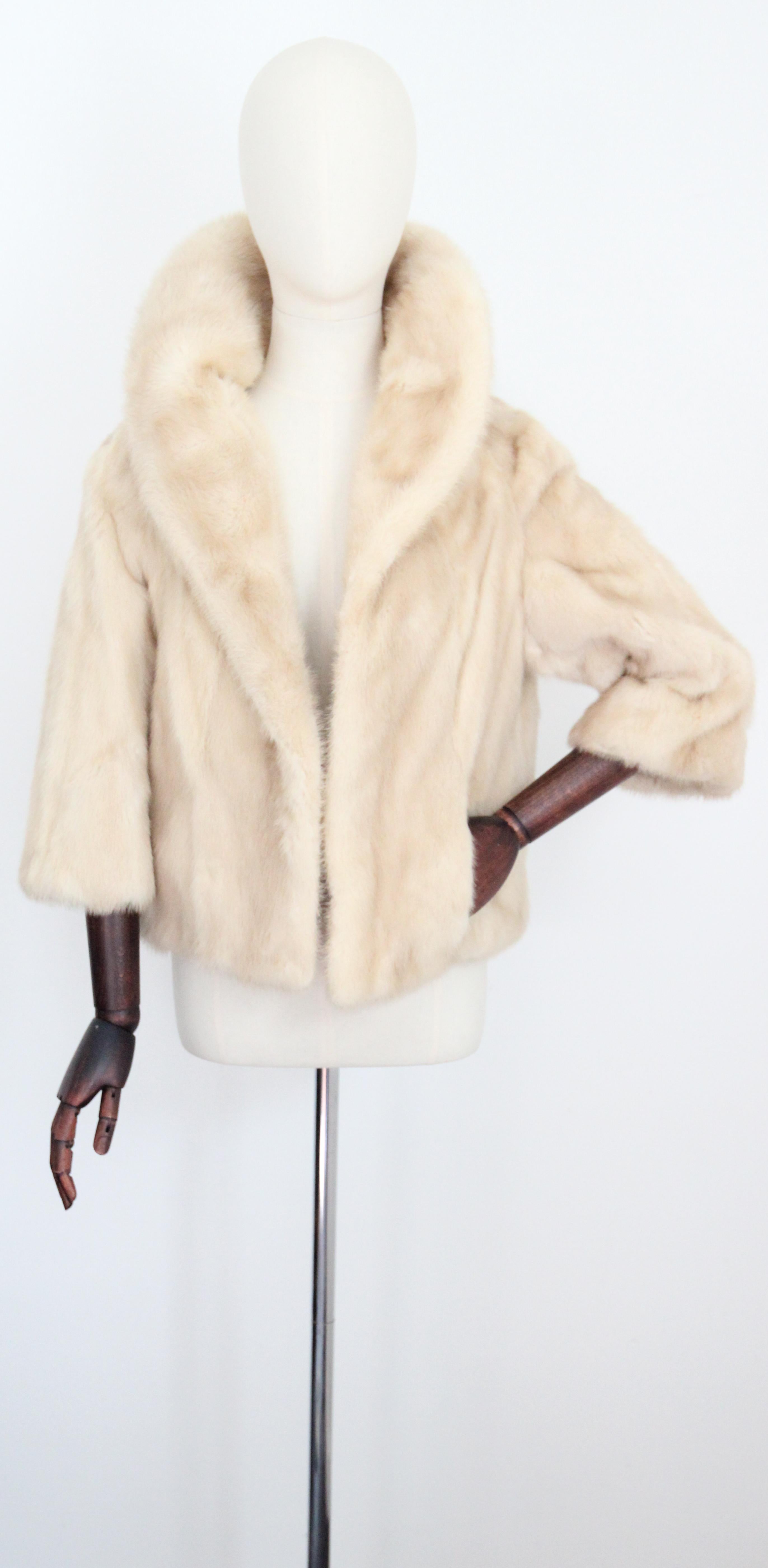 Vintage 1960's Cream Mink Fur Jacket Bracelet Length Sleeve Fur Coat UK 8-10 1