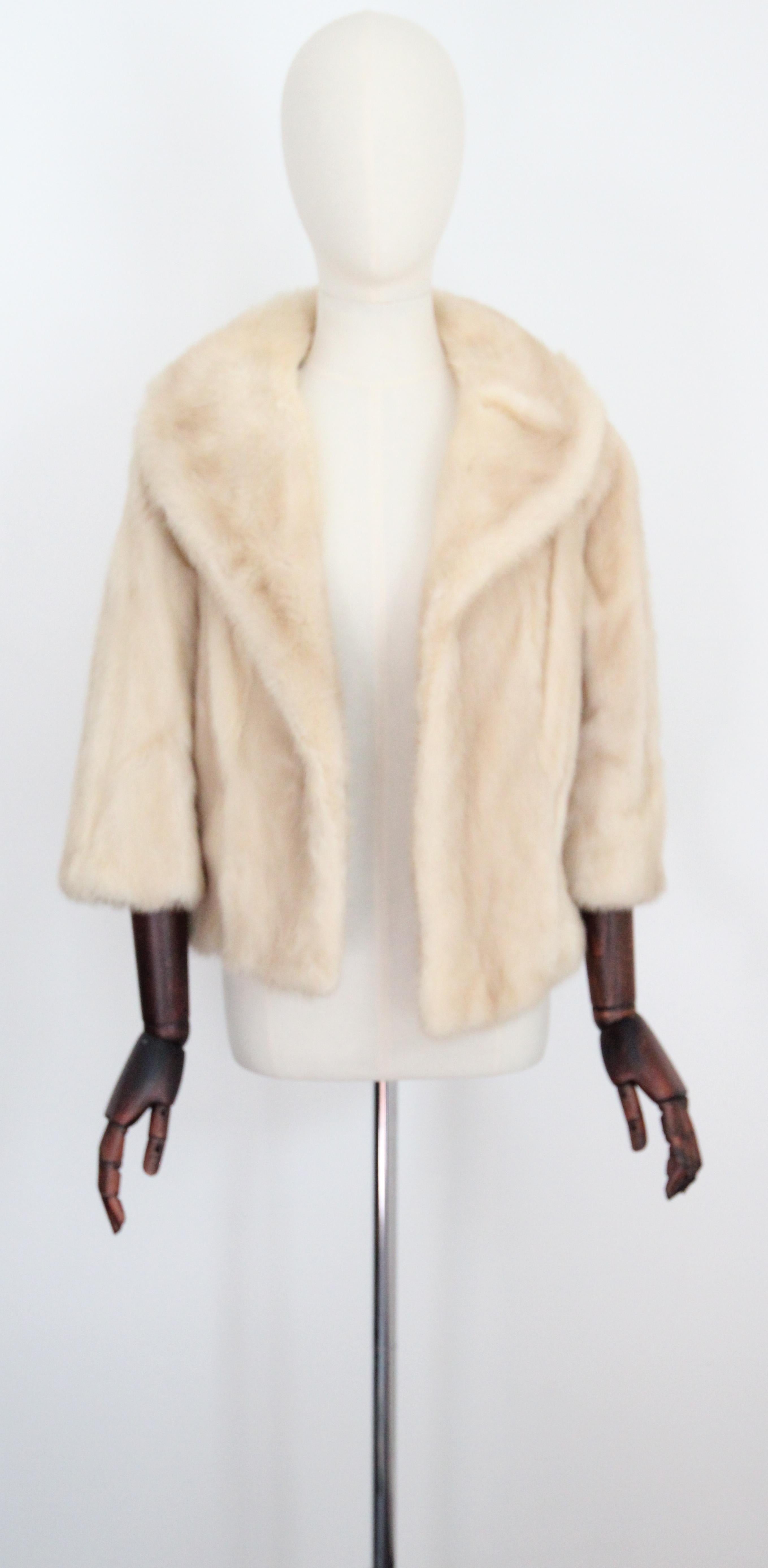 Vintage 1960's Cream Mink Fur Jacket Bracelet Length Sleeve Fur Coat UK 8-10 2