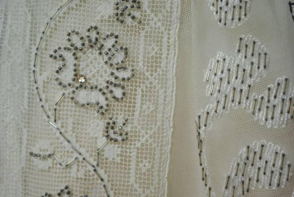 Cream Silk and Hand Made Lace Dress with Beads and Glass Rhinestones circa 1960s In Good Condition In London, GB