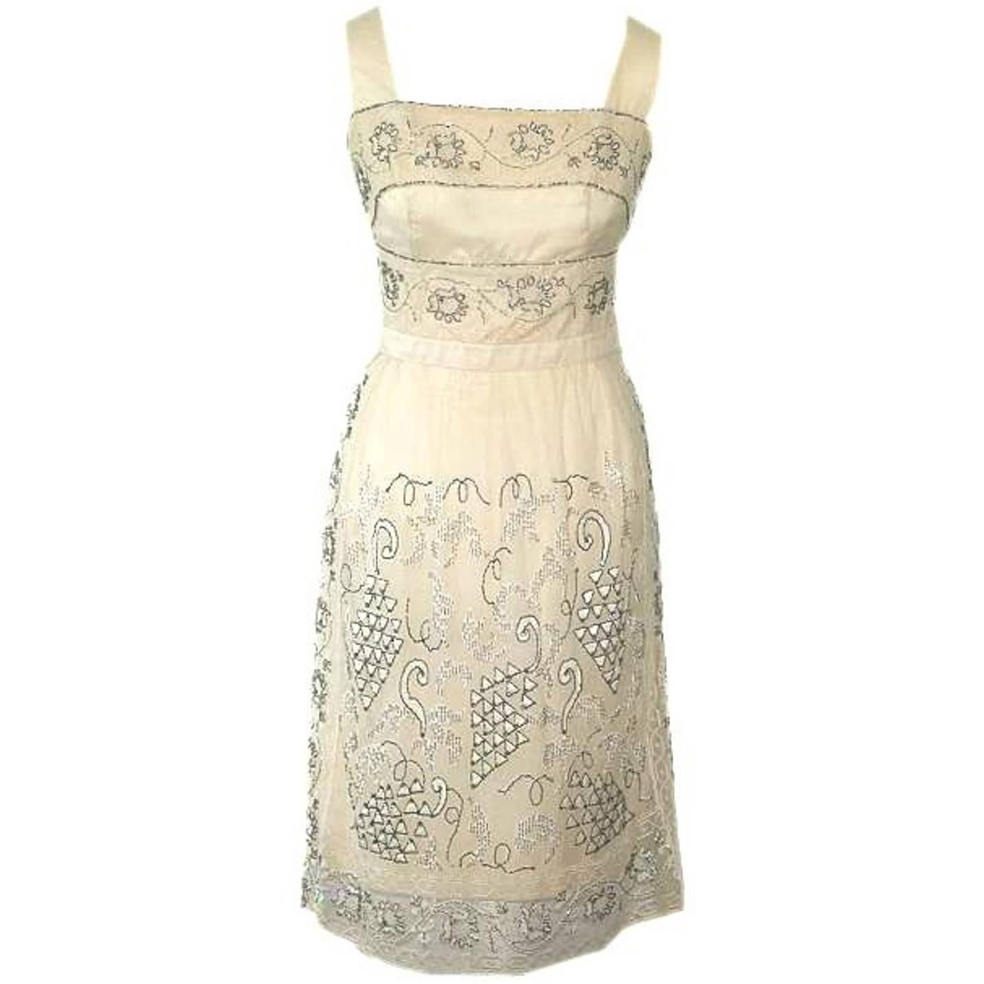 Cream Silk and Hand Made Lace Dress with Beads and Glass Rhinestones circa 1960s