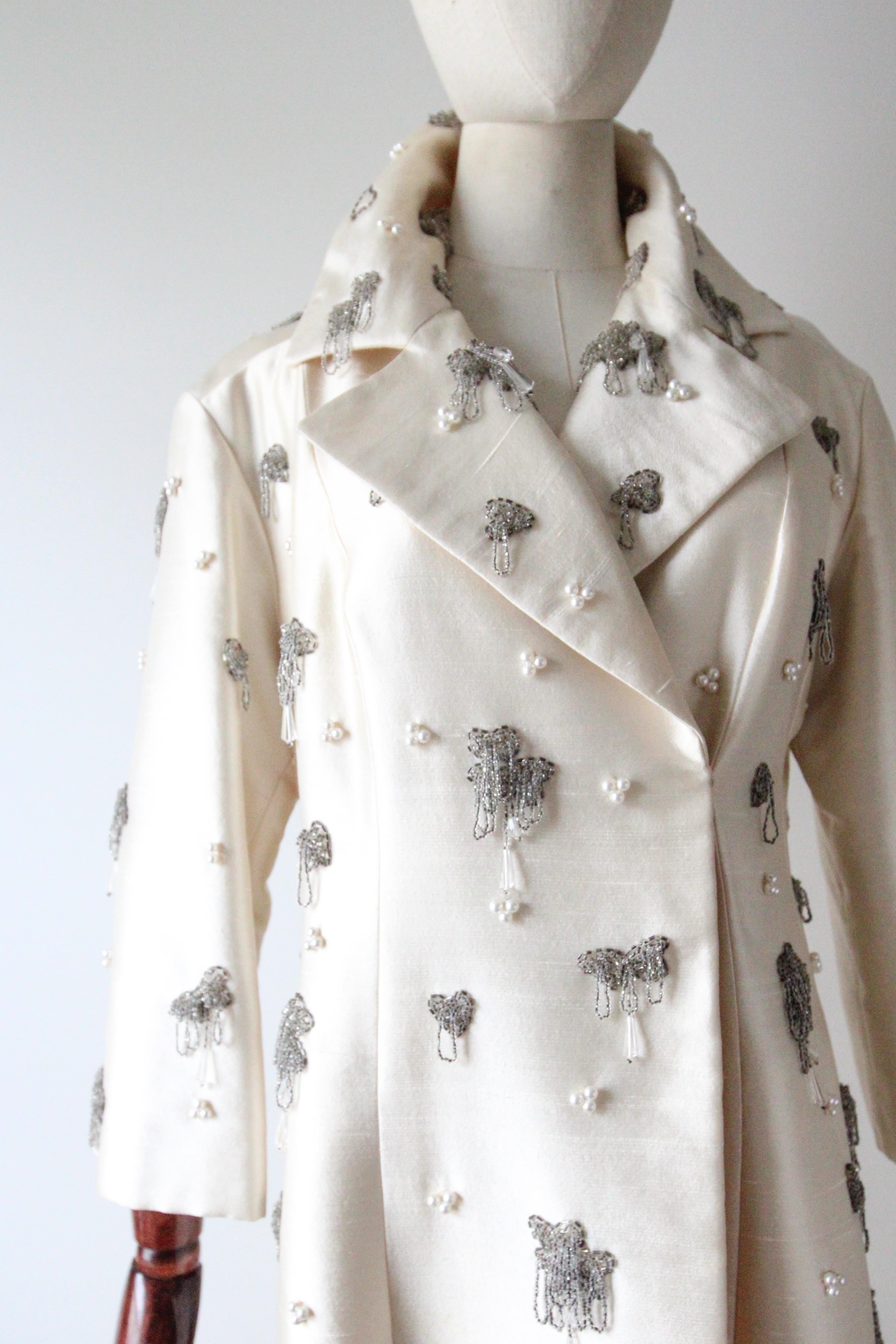 Gray Vintage 1960's Cream Silk Pearl & Bead Embellished Evening Coat UK 12-14 US 8-10