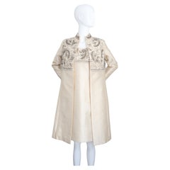 Vintage 1960s Cream Silk Silver Beaded Dress & Coat Set 1960 Ensemble UK 10 US 6