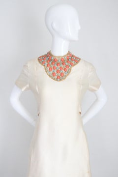 Vintage 1960's Cream Silk Turquoise Coral Beaded Cocktail Dress Gino Charles