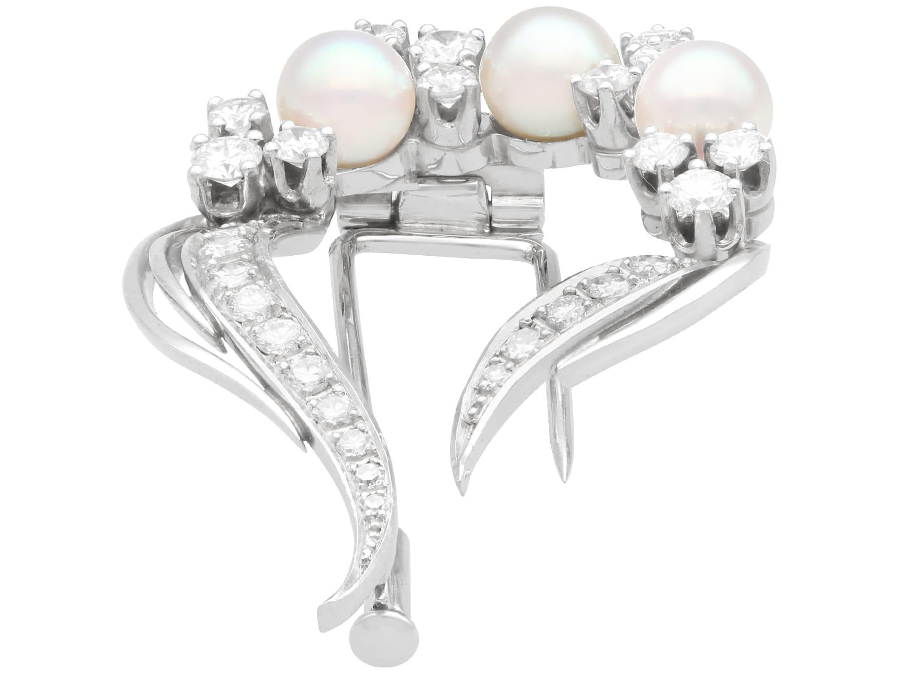 Round Cut Vintage 1960s Cultured Pearl and 1.15 Carat Diamond 18k White Gold Brooch For Sale