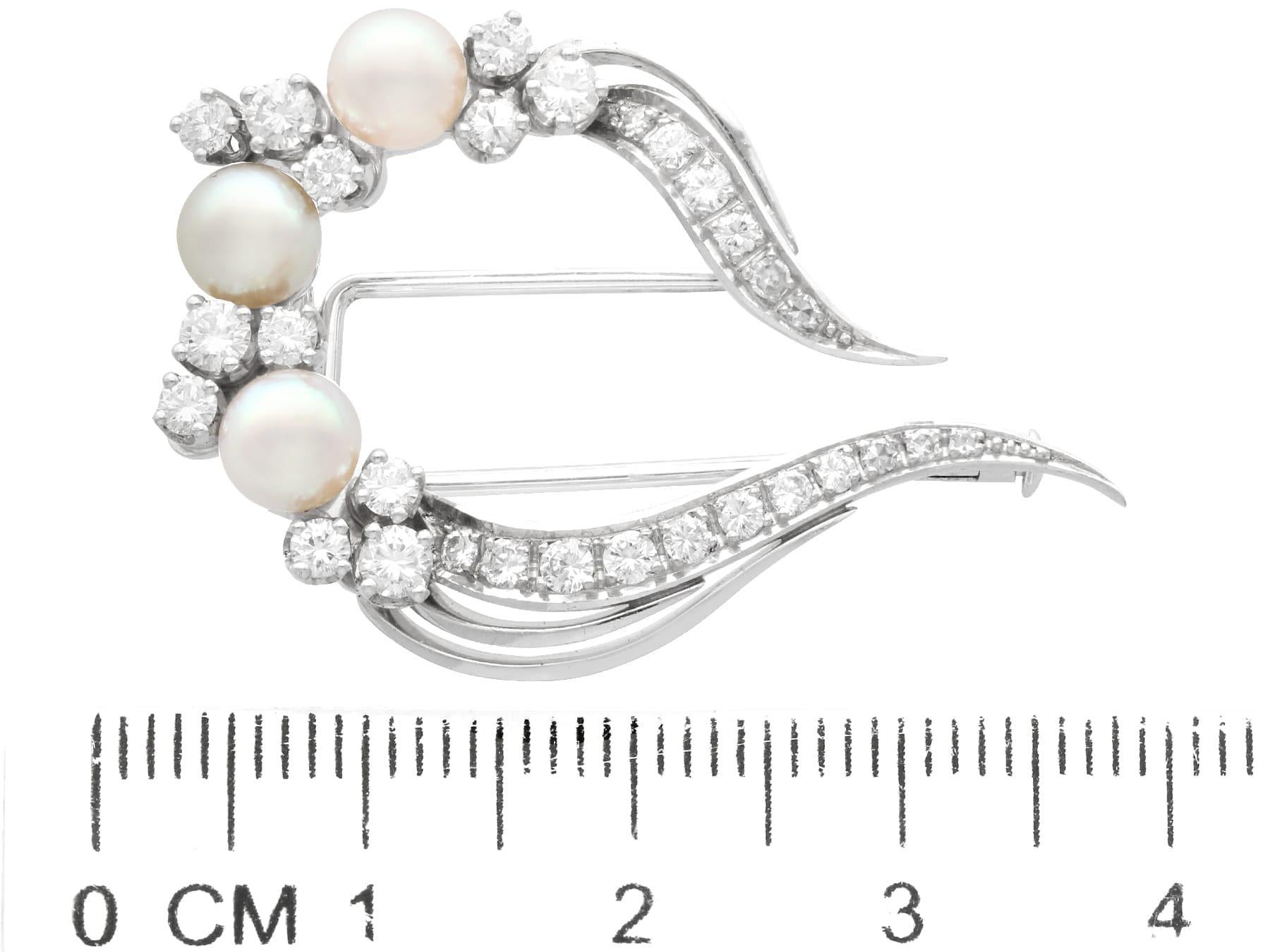 Vintage 1960s Cultured Pearl and 1.15 Carat Diamond 18k White Gold Brooch For Sale 2