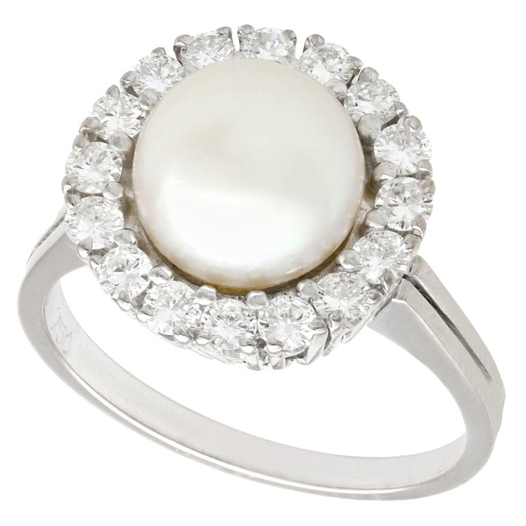 Vintage 1960s Cultured Pearl and Diamond White Gold Cocktail Ring For Sale