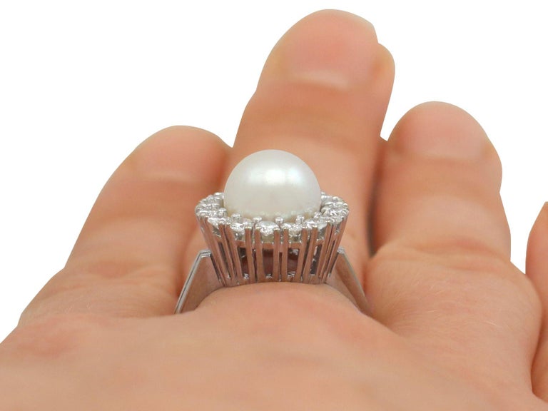 Vintage 1960s Cultured Pearl and Diamond White Gold Cocktail Ring For Sale 2