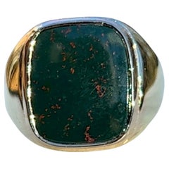 Vintage 1960s Cushion Shaped Bloodstone Ring in 14K Yellow Gold.