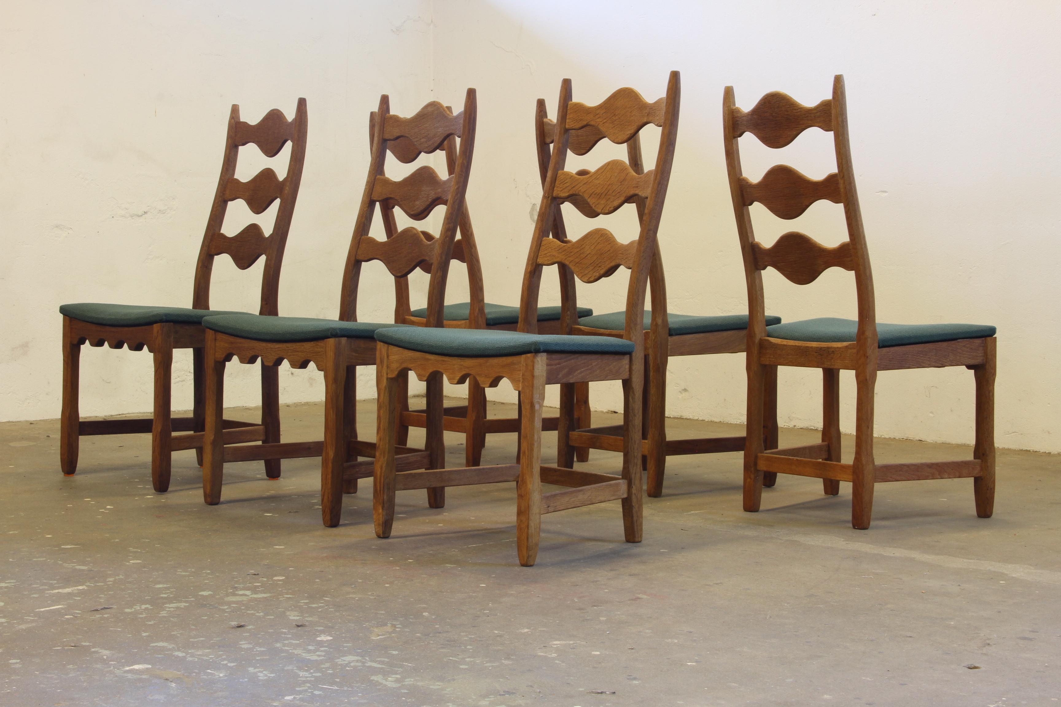 Vintage 1960s Danish Brutalist Ladderback Oak Chairs in the style of Kjærnulf For Sale 10