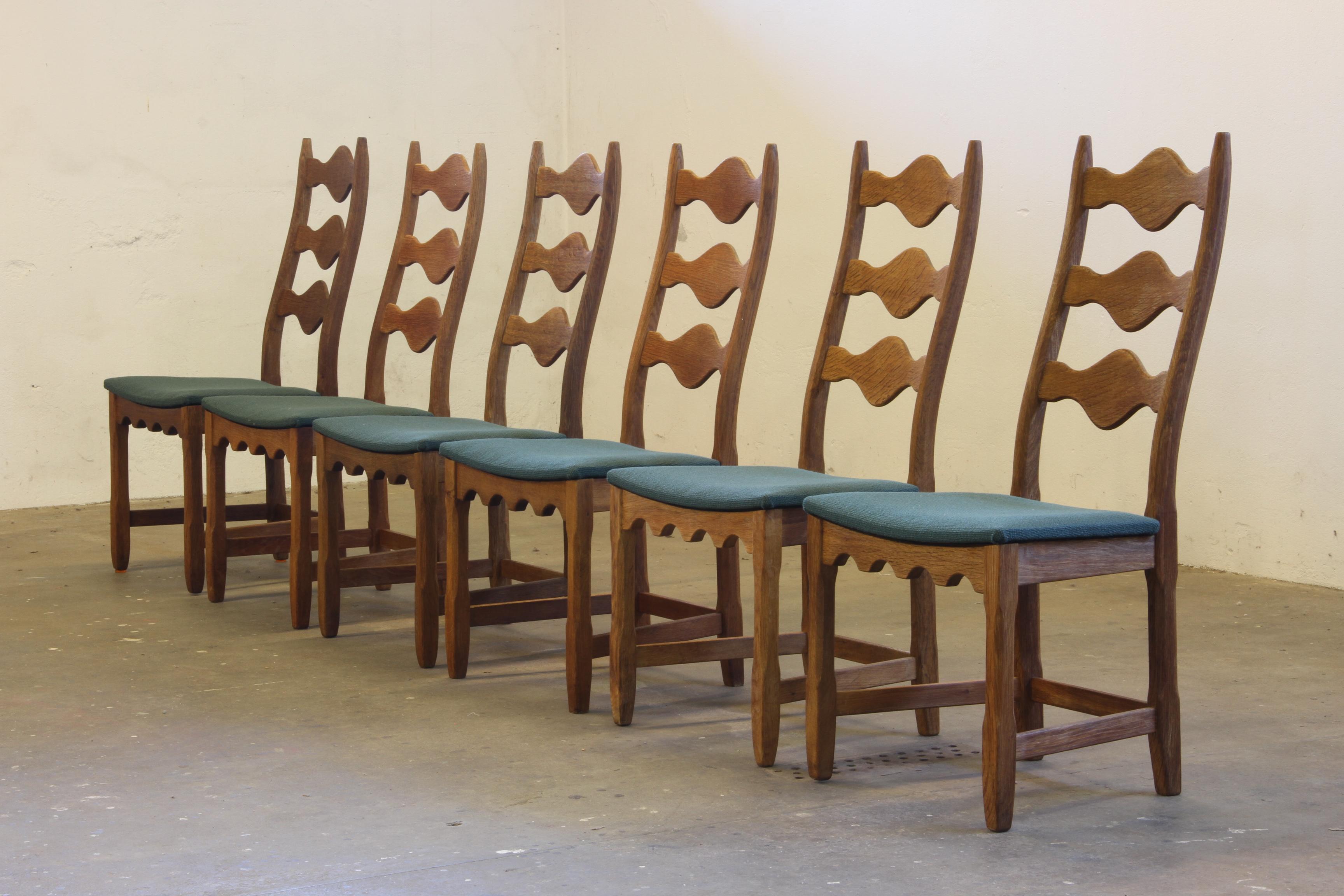 Vintage 1960s Danish Brutalist Ladderback Oak Chairs in the style of Kjærnulf In Good Condition For Sale In Store Heddinge, DK