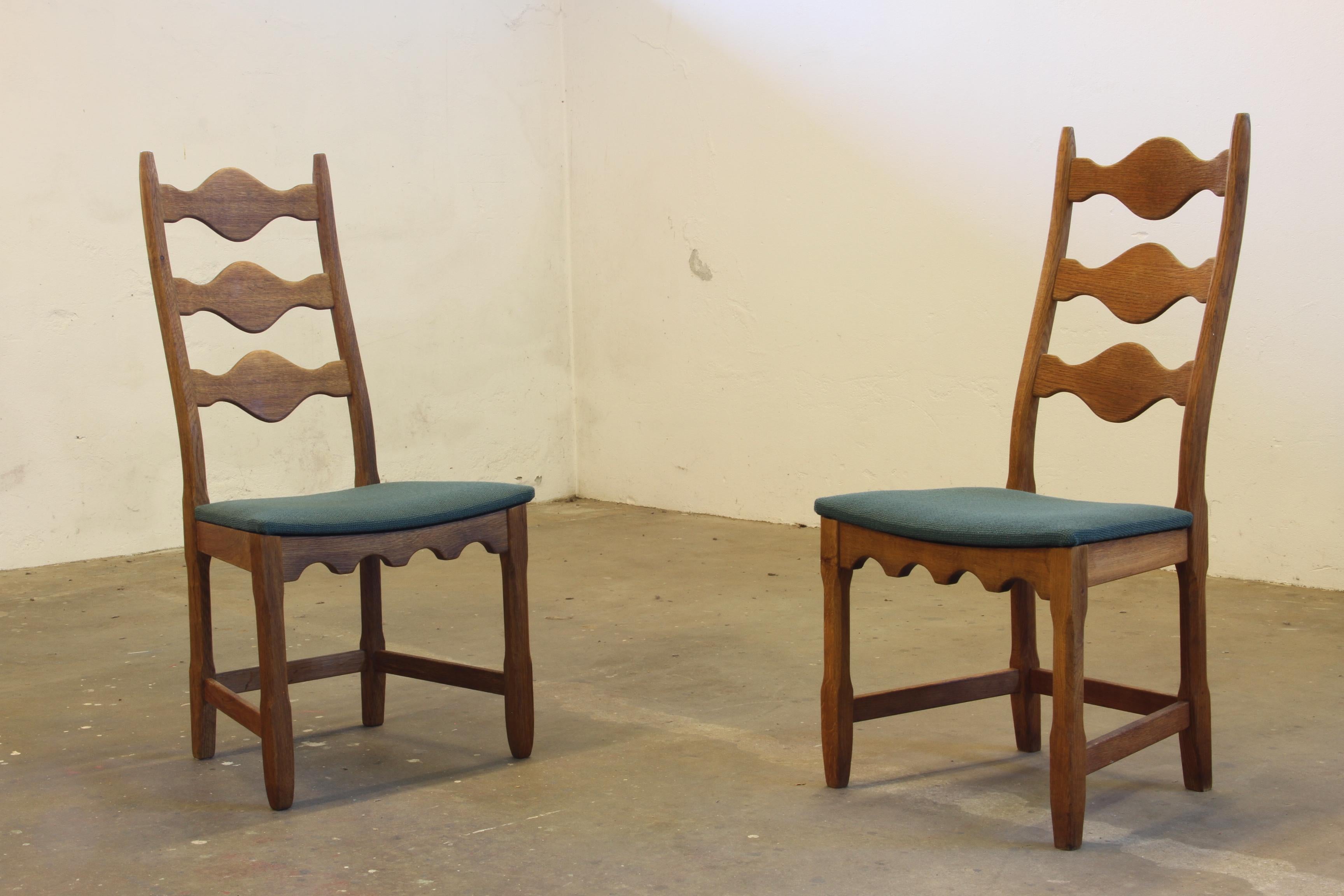 Vintage 1960s Danish Brutalist Ladderback Oak Chairs in the style of Kjærnulf For Sale 1