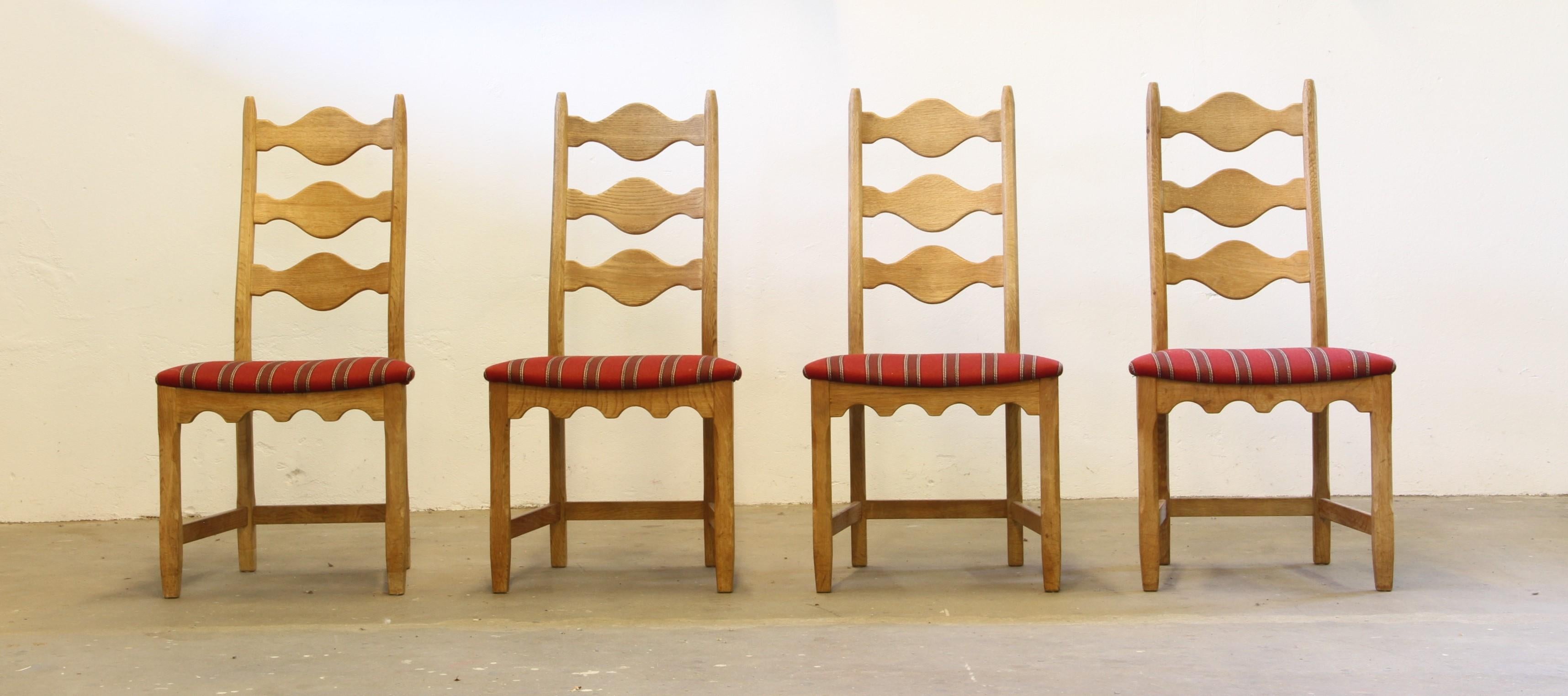 Fabric Vintage 1960s Danish Brutalist Ladderback Oak Chairs, Style of Henning Kjærnulf For Sale