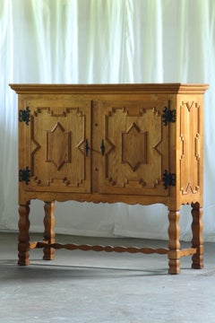Vintage 1960s Danish Brutalist Oak Cabinet, Baroque Style of Henning Kjærnulf