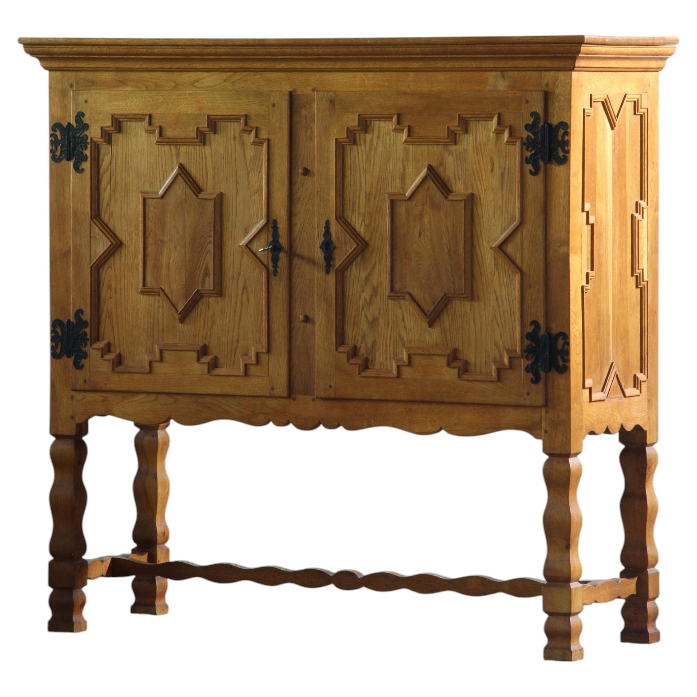 Vintage 1960s Danish Brutalist Oak Cabinet, Baroque Style of Henning Kjærnulf