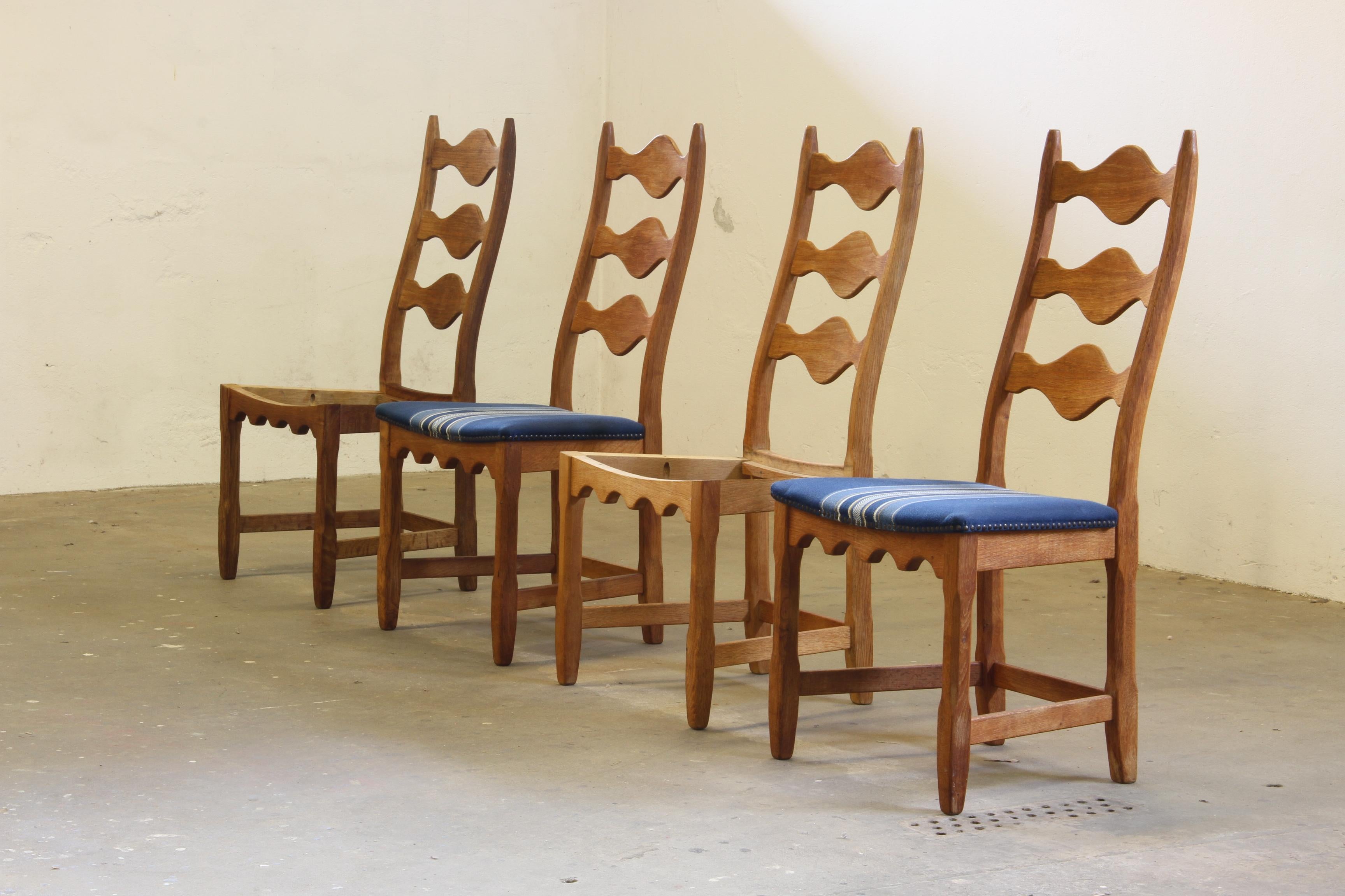 Fabric Vintage 1960s Danish Brutalist Oak High back Chairs style of Henning Kjærnulf For Sale
