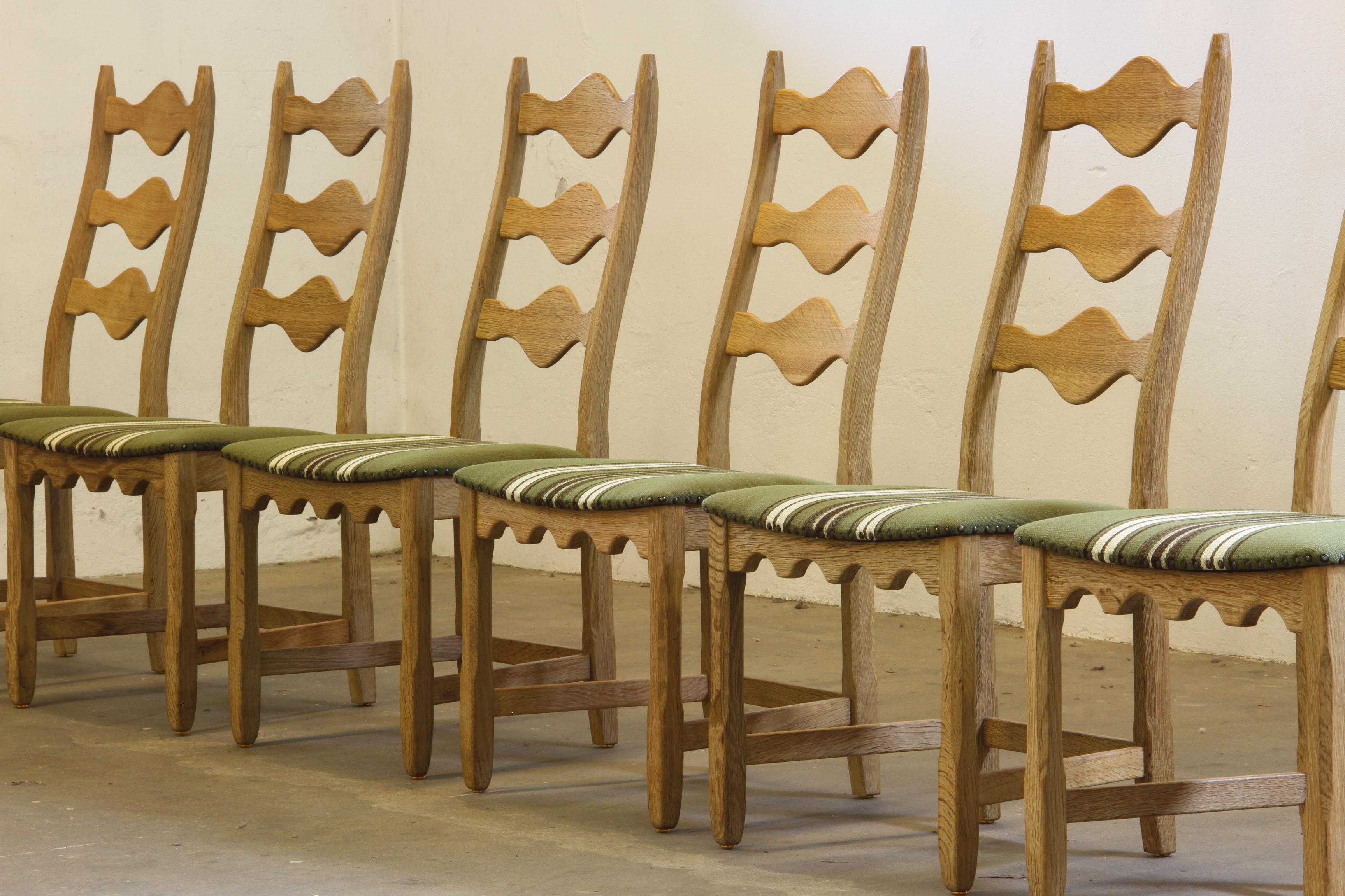 Fabric Vintage 1960s Danish Brutalist Oak High back Chairs style of Henning Kjærnulf For Sale