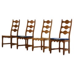Vintage 1960s Danish Brutalist Oak High back Chairs style of Henning Kjærnulf