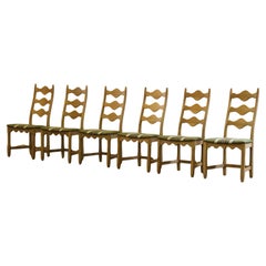 Vintage 1960s Danish Brutalist Oak High back Chairs style of Henning Kjærnulf