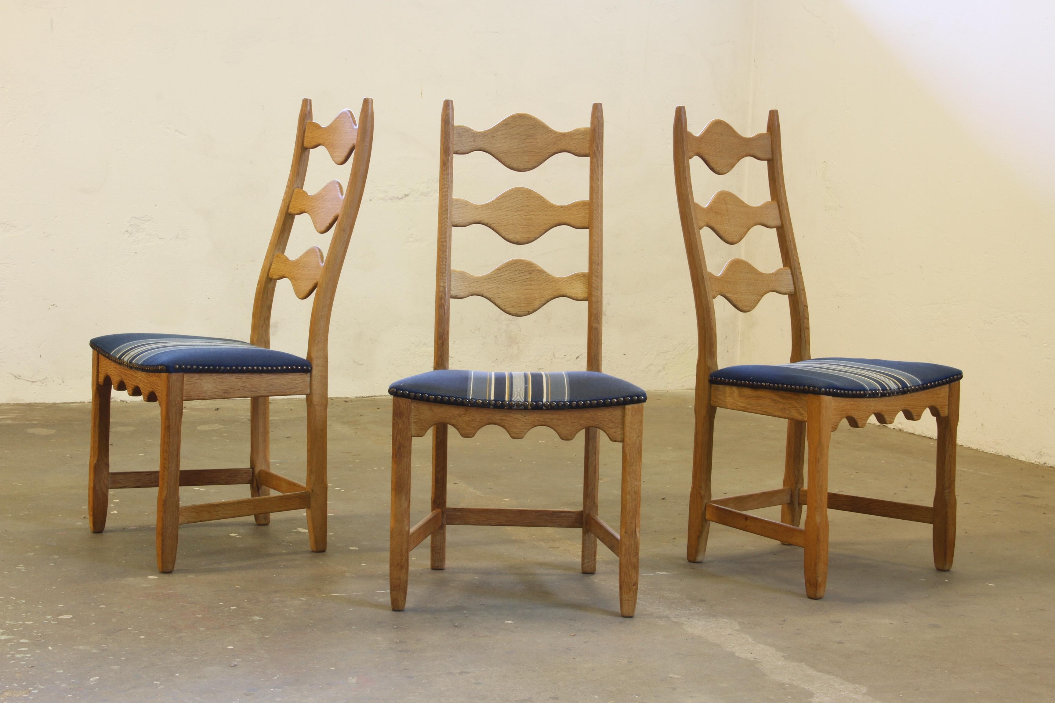 Vintage 1960s Danish Brutalist Oak Ladder Dining Chairs style of Kjærnulf For Sale 3