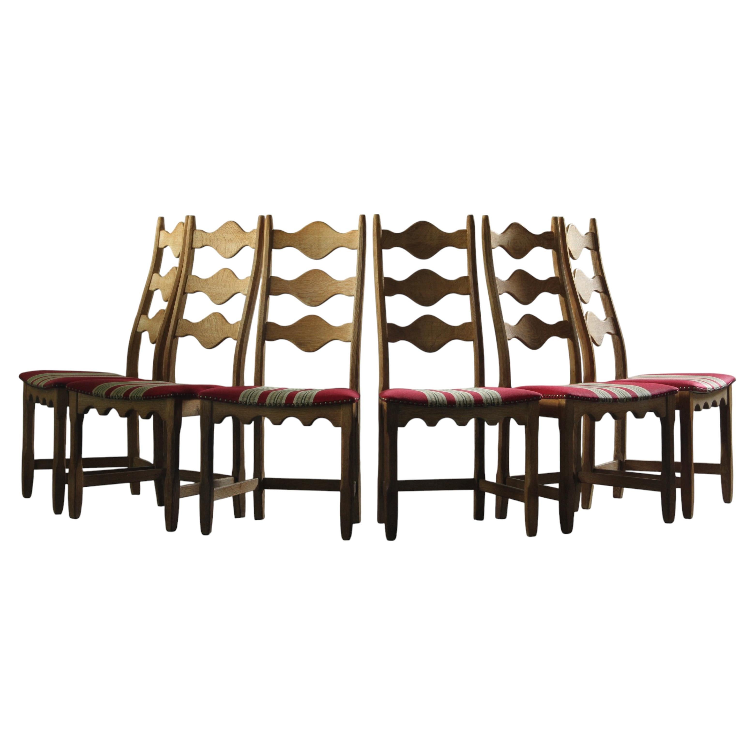 Vintage 1960s Danish Brutalist set of 6 Ladder Oak Chairs style of Kjærnulf