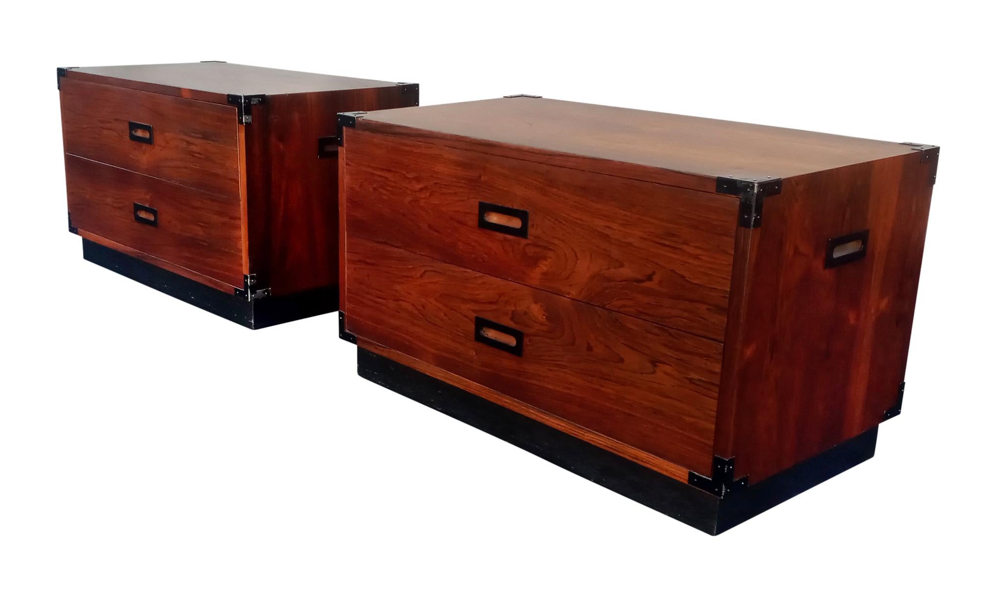 Mid-Century Modern Vintage 1960s Danish, Campaign Style Rosewood 2 Drawer Nightstands End Tables